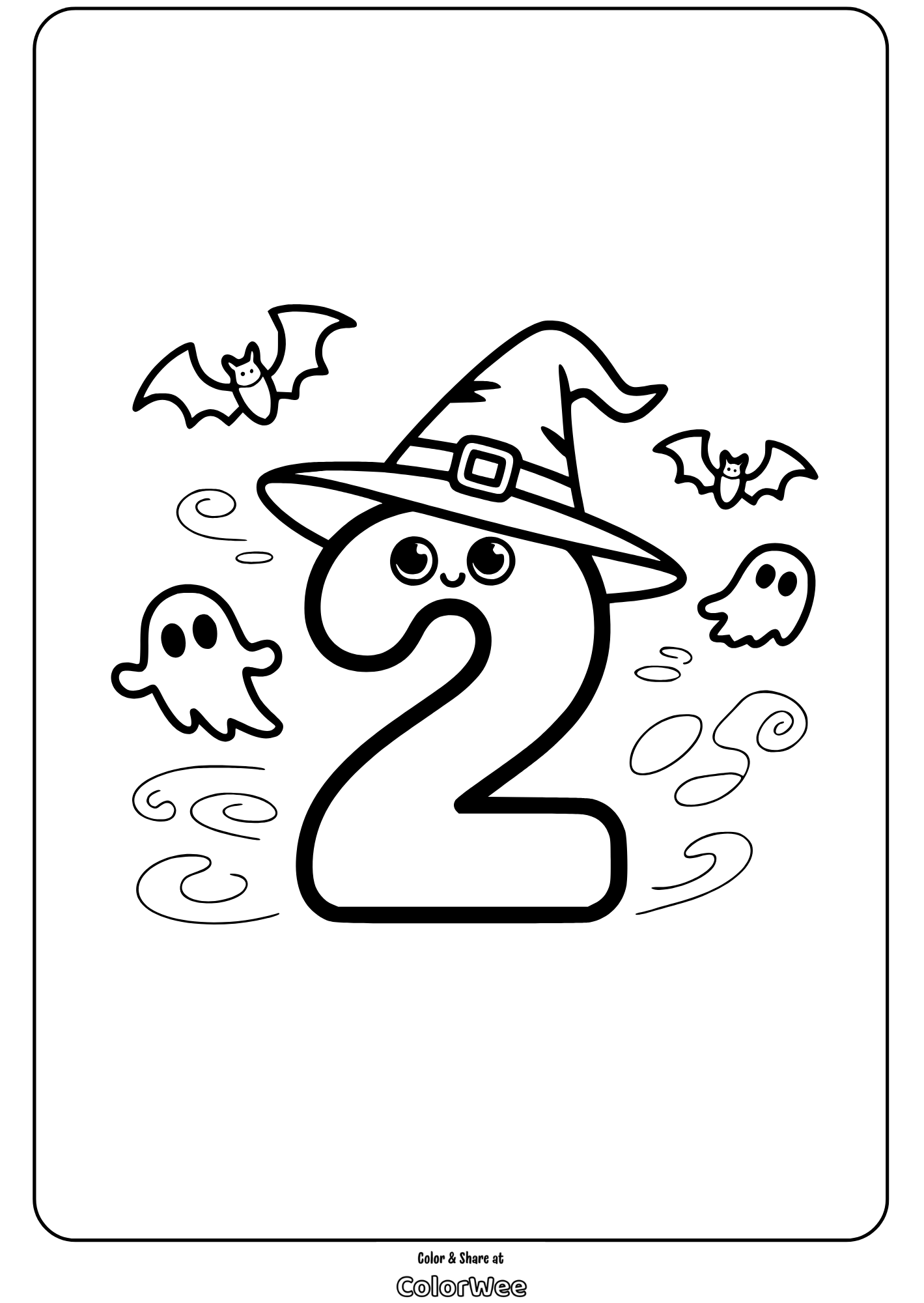 Number 2 with witch hat, bats, and ghosts coloring page.