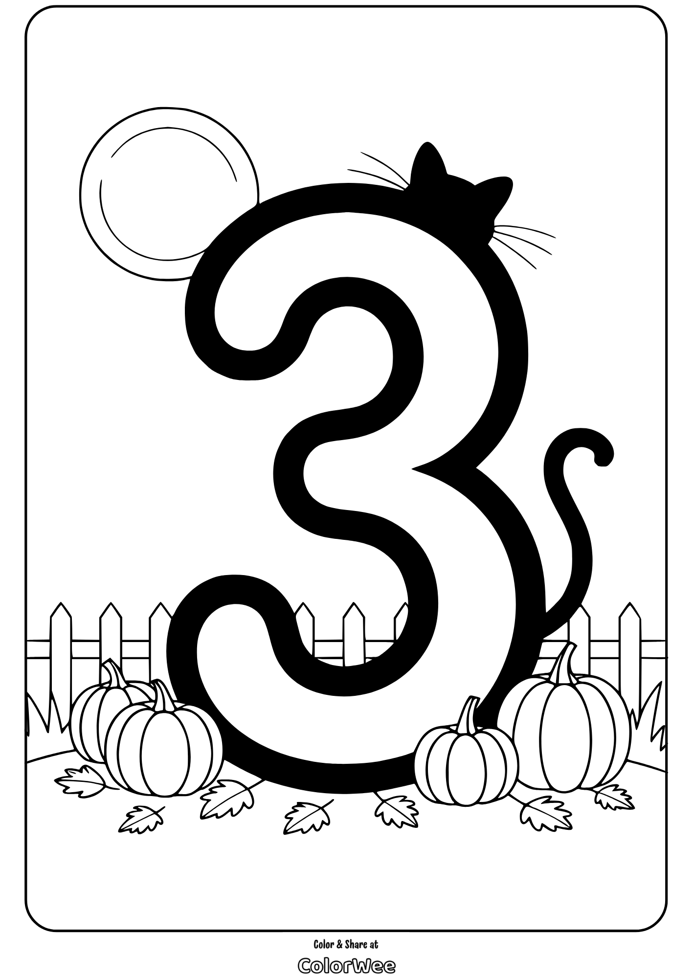 3 cat coloring page with pumpkins and fence, autumn-themed.