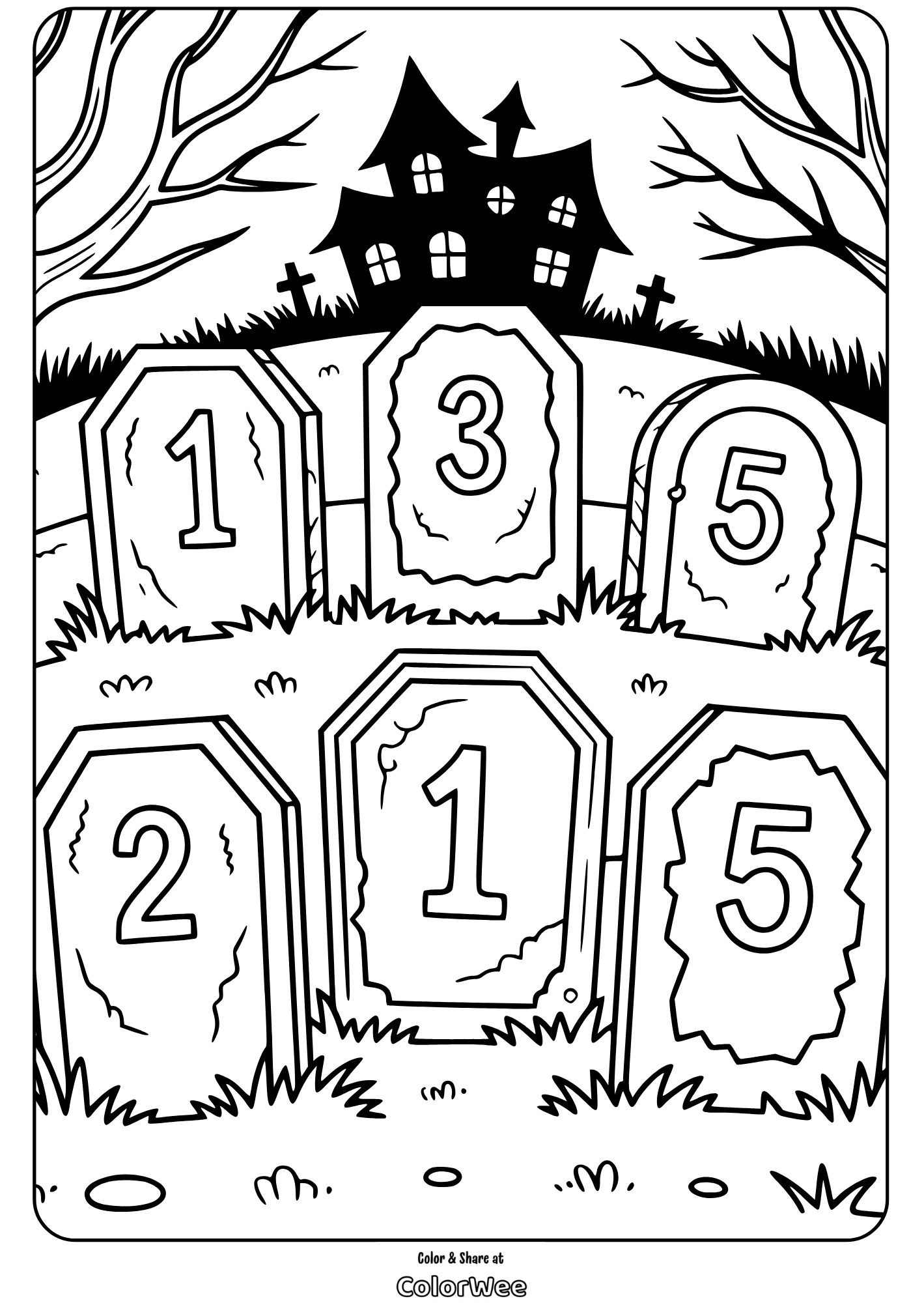 Graveyard Coloring Page with Numbers for Kids