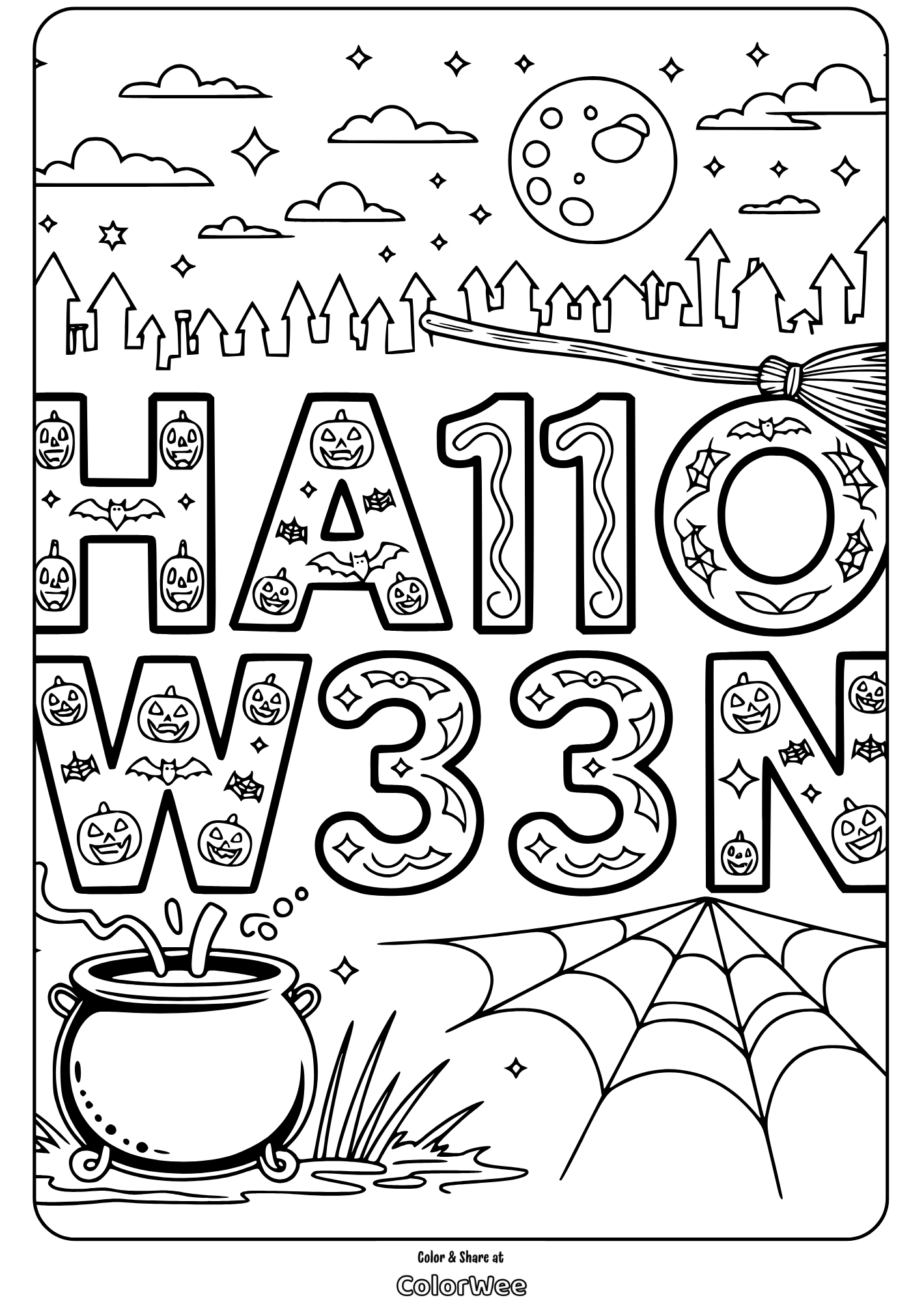 Halloween coloring page with pumpkins, bats, and spooky elements.