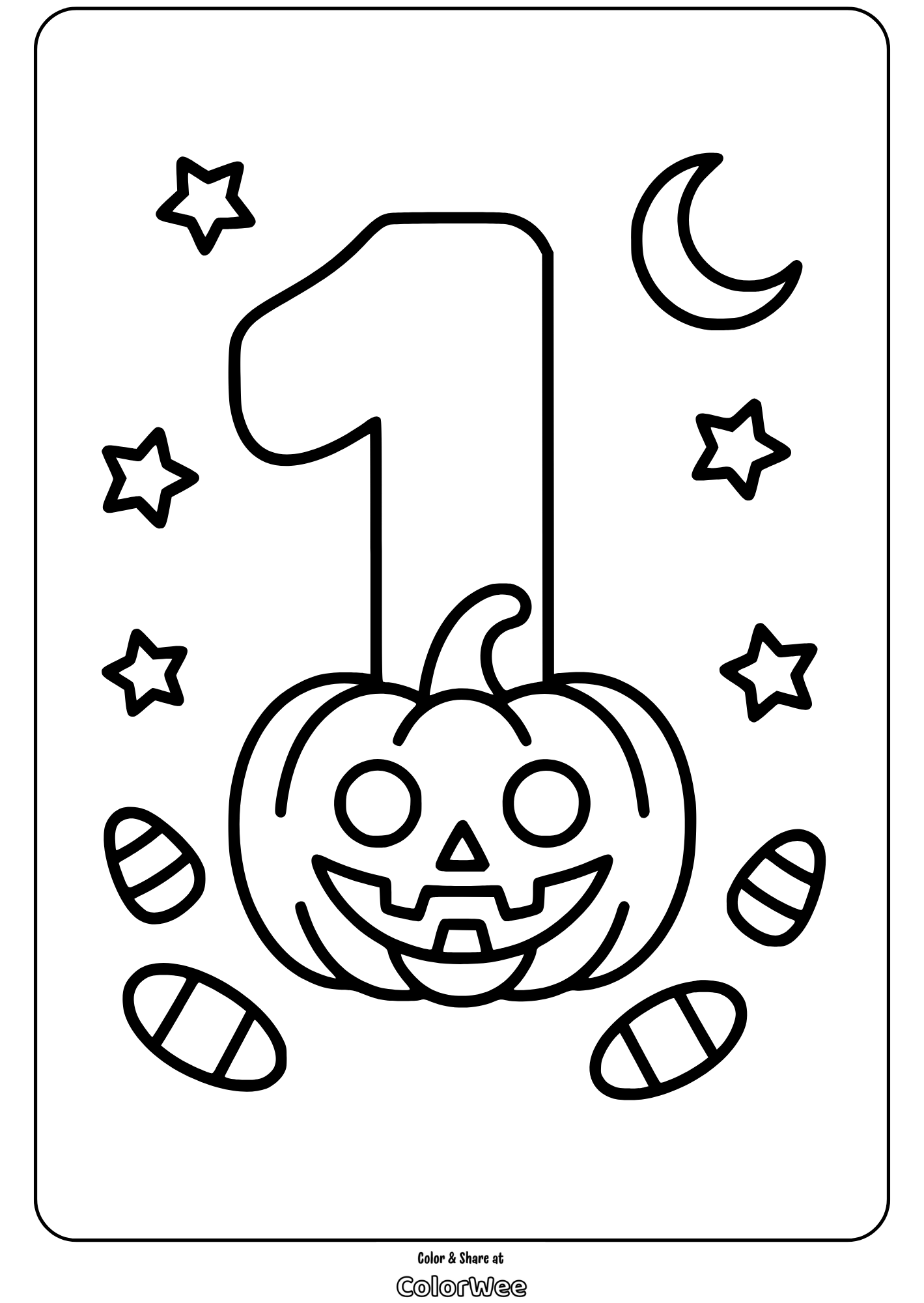 Pumpkin and number one Halloween coloring page with stars and candy