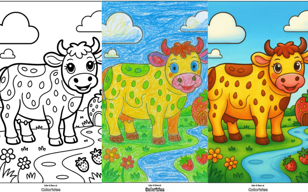 Cartoon cow coloring page with strawberries and clouds.