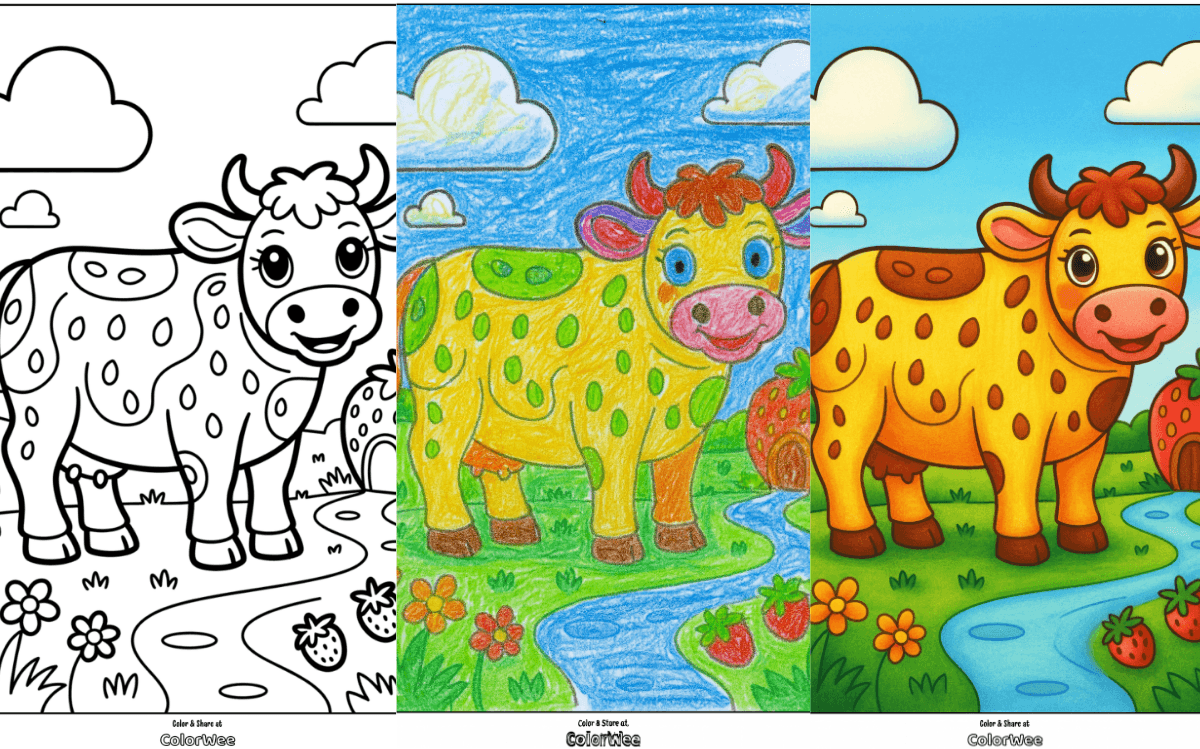 cow coloring pages Cartoon cow coloring page with strawberries and clouds.