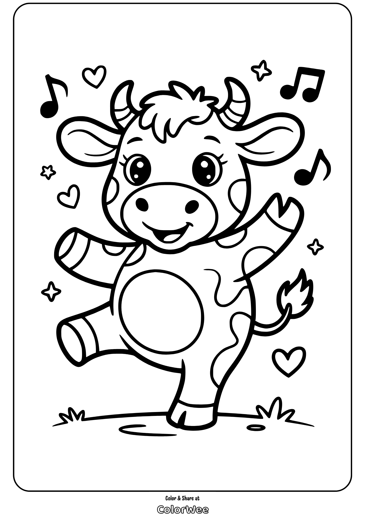 cute cow 2 Cute dancing cow coloring page with music notes and hearts.