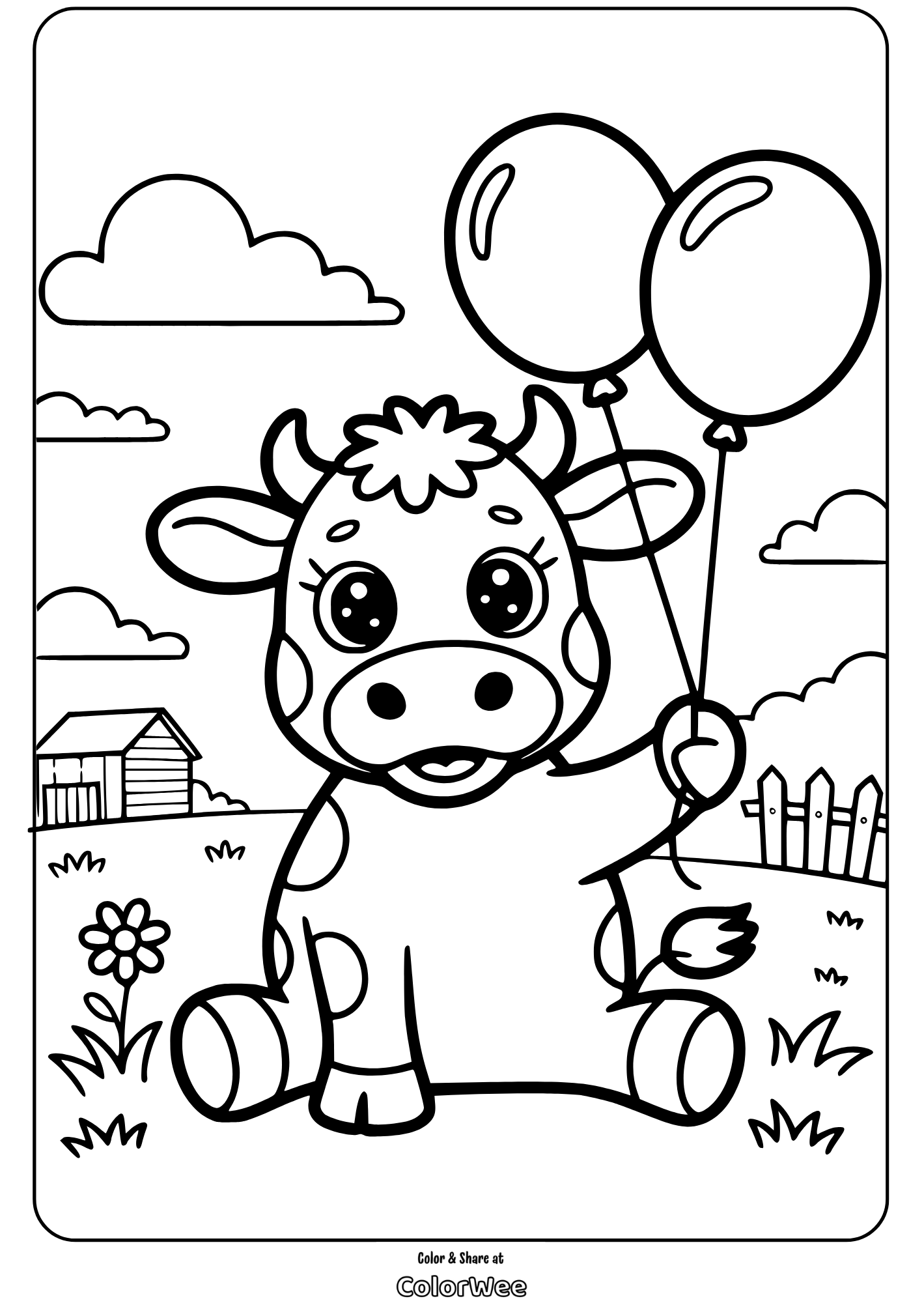cute cow 3 Cute cow holding balloons coloring page for kids.