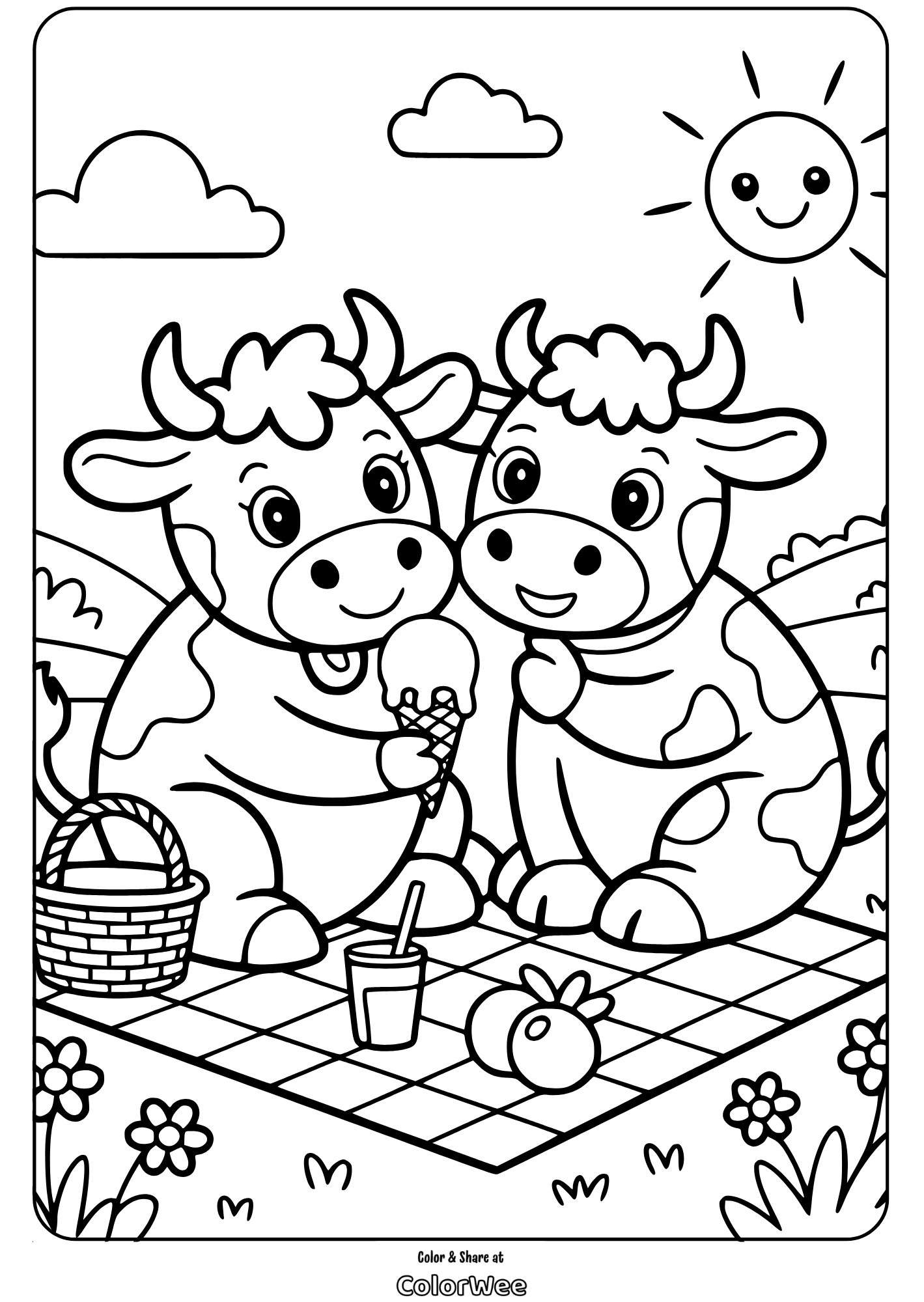 cute cow 4 Cute cows enjoying a picnic in the sun coloring page.