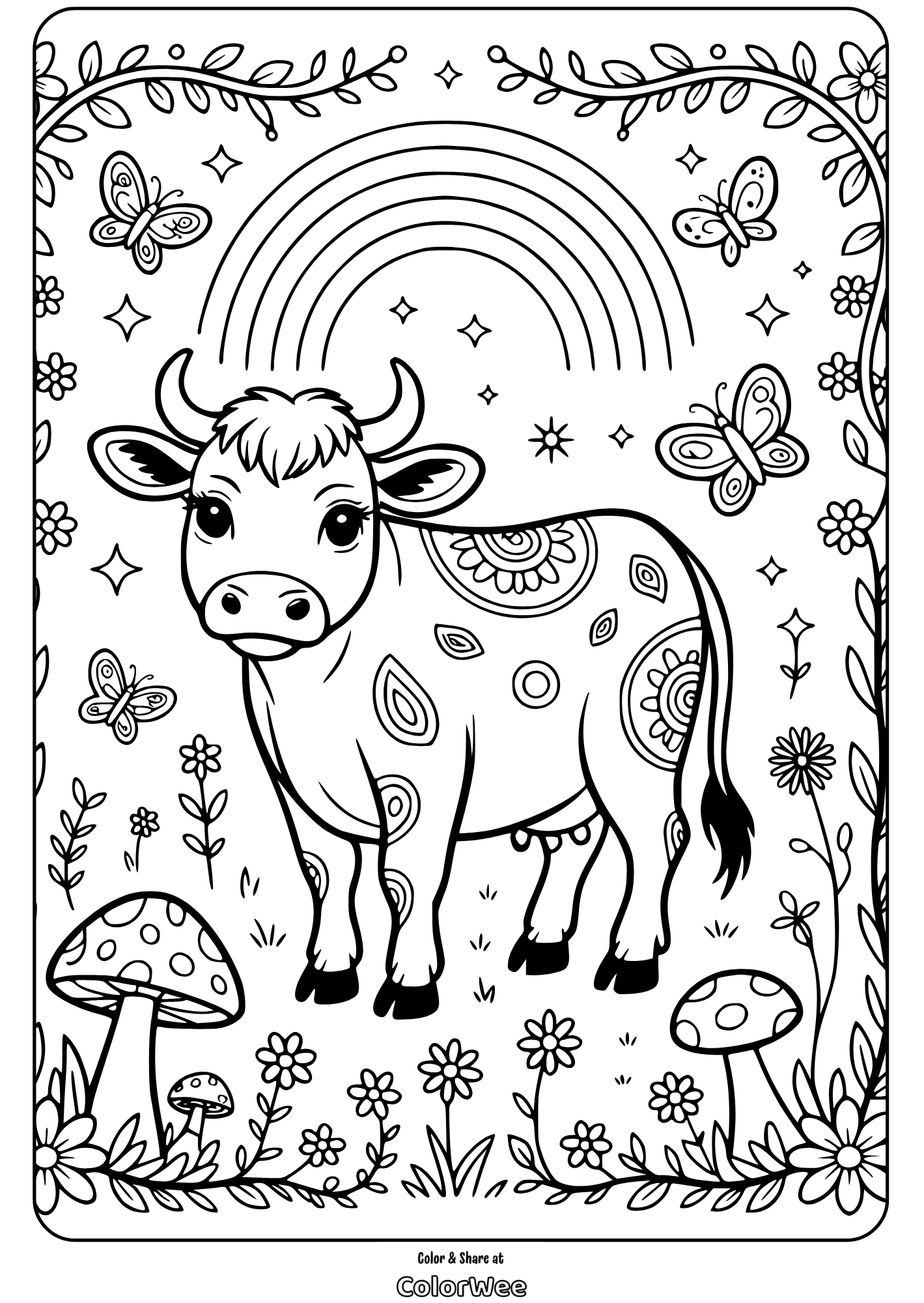 cute cow coloring page 5 Cow coloring page with rainbow, butterflies, mushrooms, and flowers.