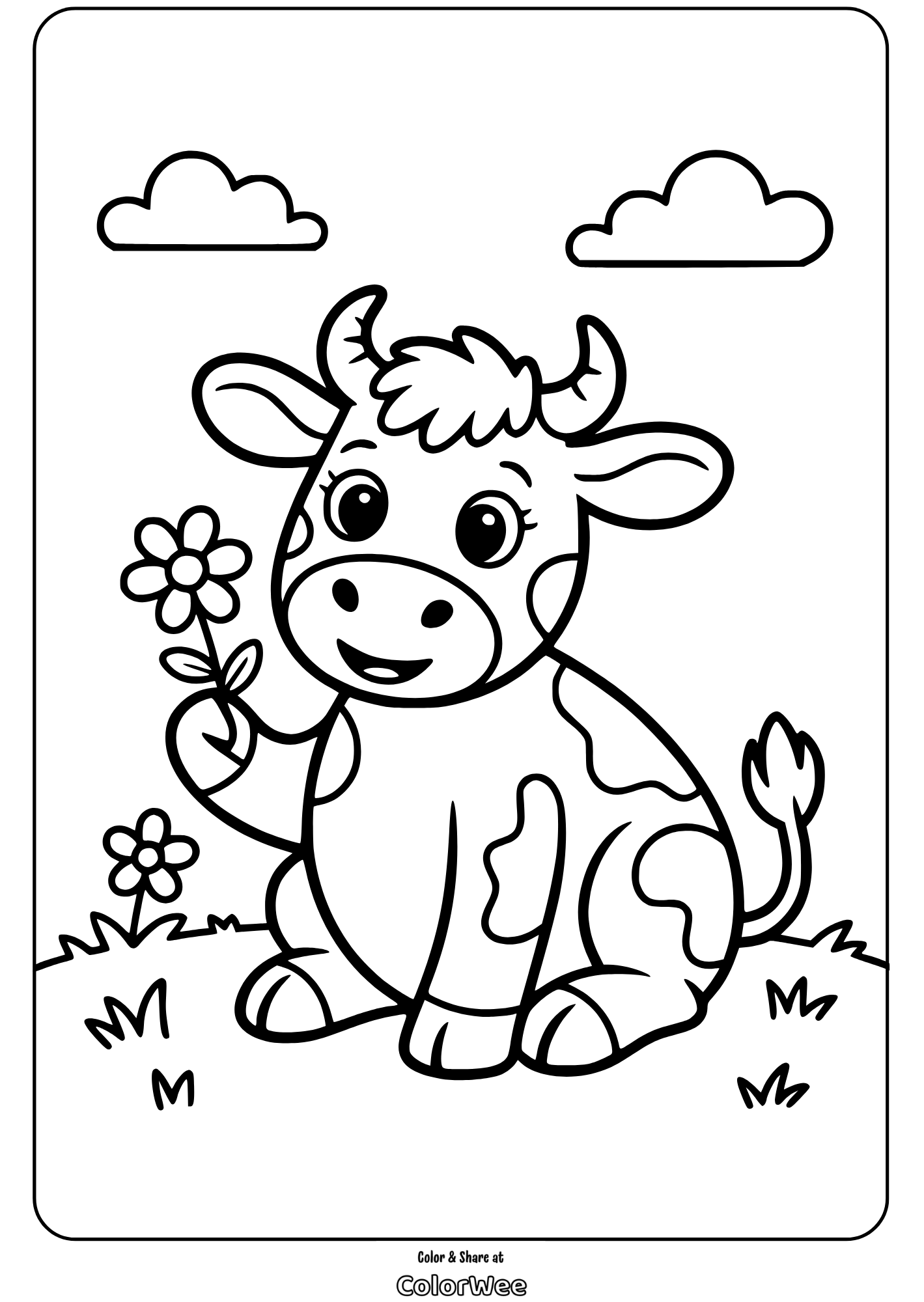 cute cow coloring page Cute cow holding a flower coloring page for kids.
