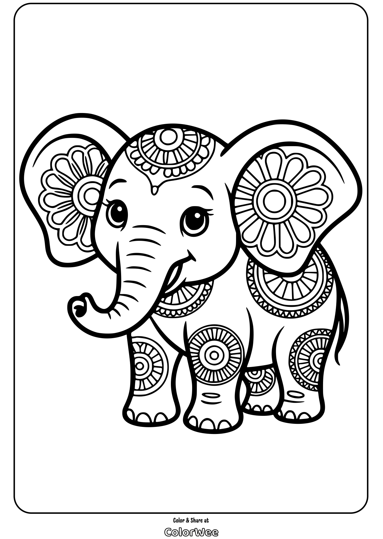 cute floral elephant mandala coloring page Cute elephant coloring page with intricate mandala patterns.