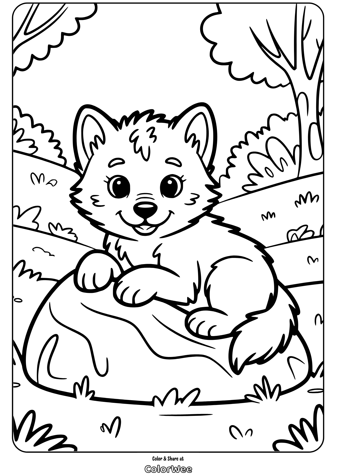 cute gray wolf pup on rock coloring page Cute puppy on a rock coloring page.