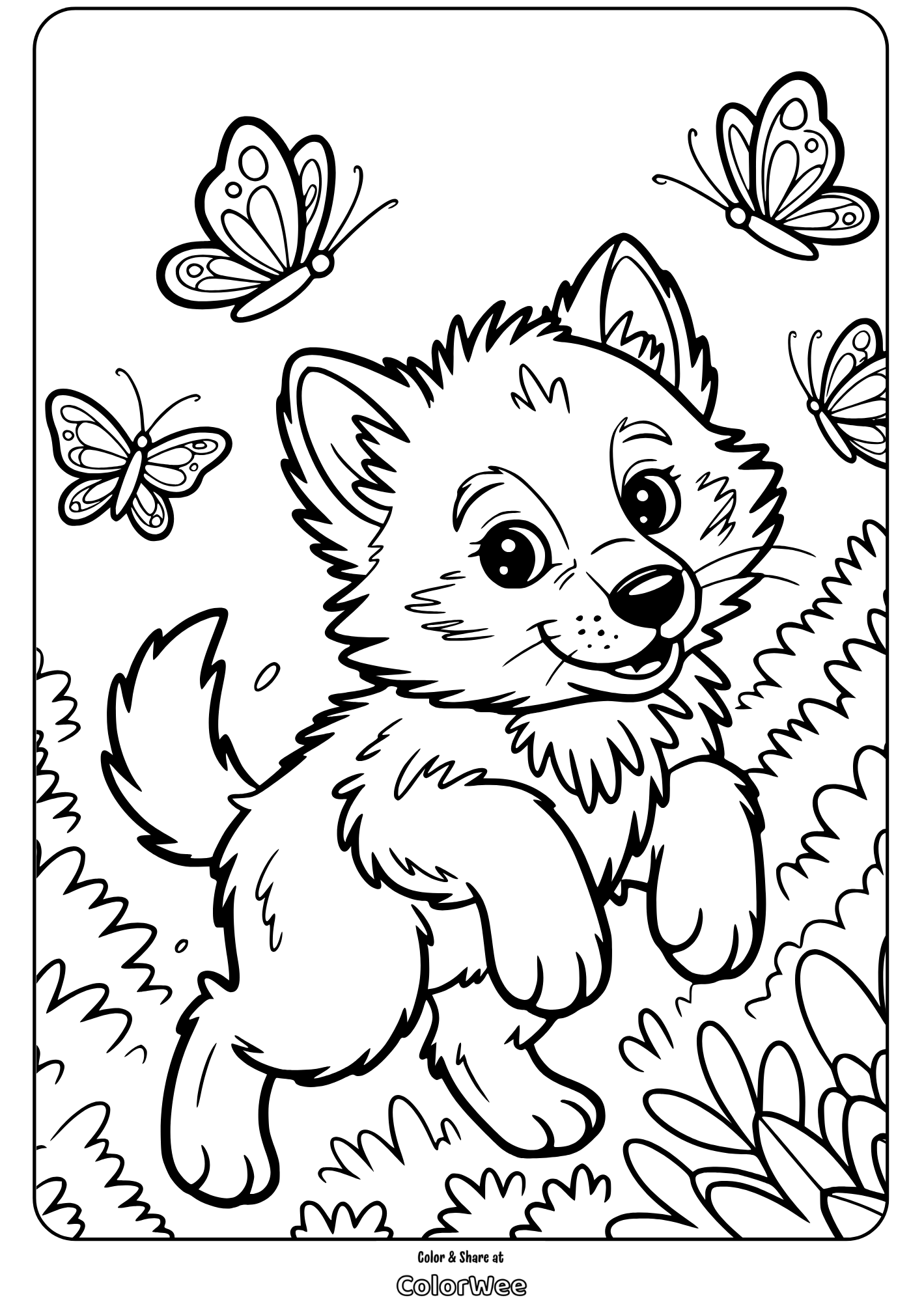 cute gray wolf pup with butterflies coloring page Young wolf and butterflies coloring page.