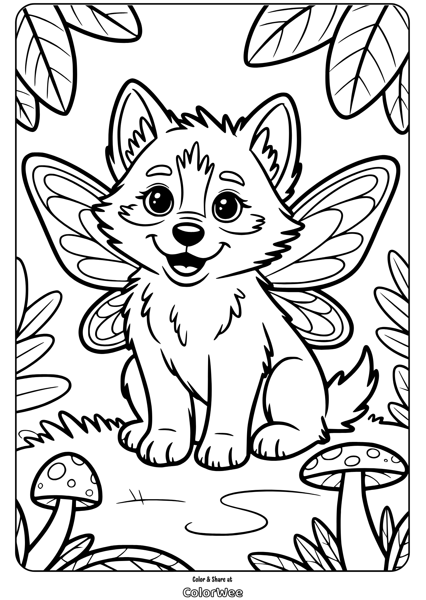 cute mythical wolf pup with fairy wings coloring page Whimsical winged dog in a forest coloring page.