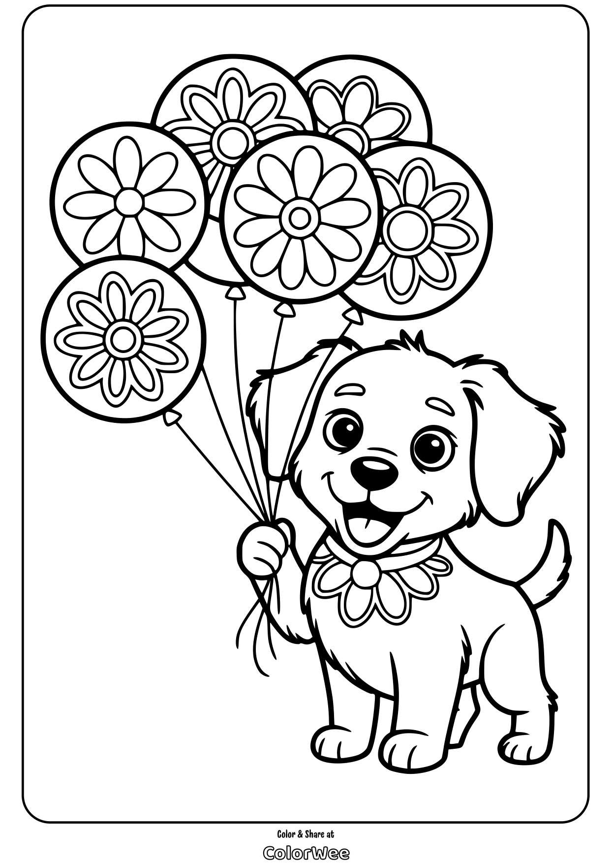 dog with balloons animal mandala coloring page Happy puppy with flowers and balloons coloring page.