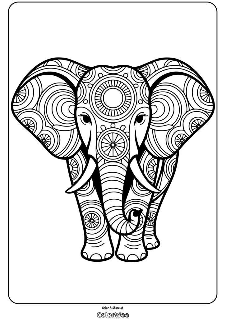 elephant head decorative mandala coloring page Decorative elephant coloring page with intricate patterns.