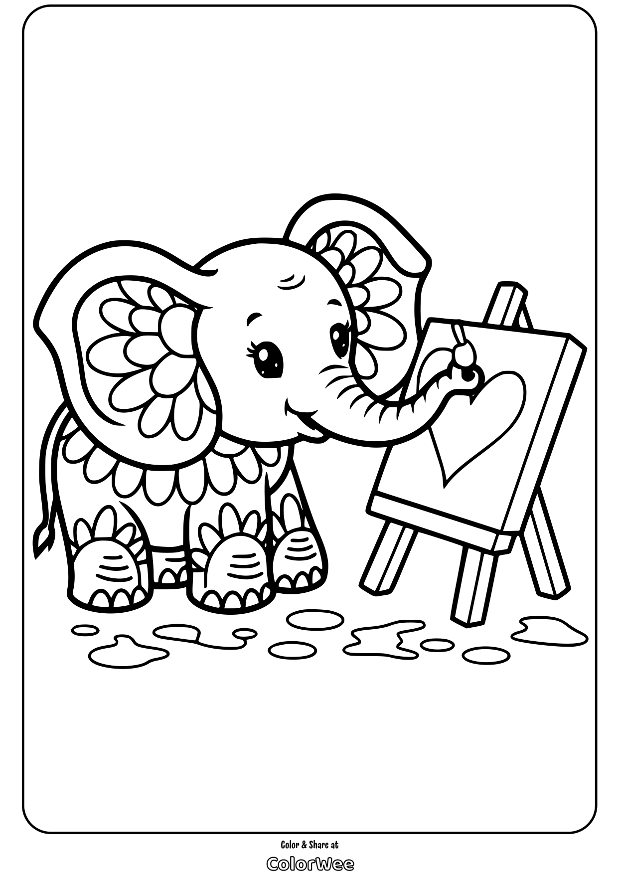 elephant painting heart mandala coloring page Cute elephant painting a heart on an easel coloring page.