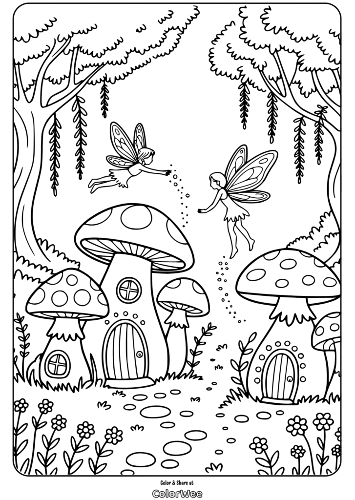 Fairy coloring page: enchanted forest and mushroom houses.
