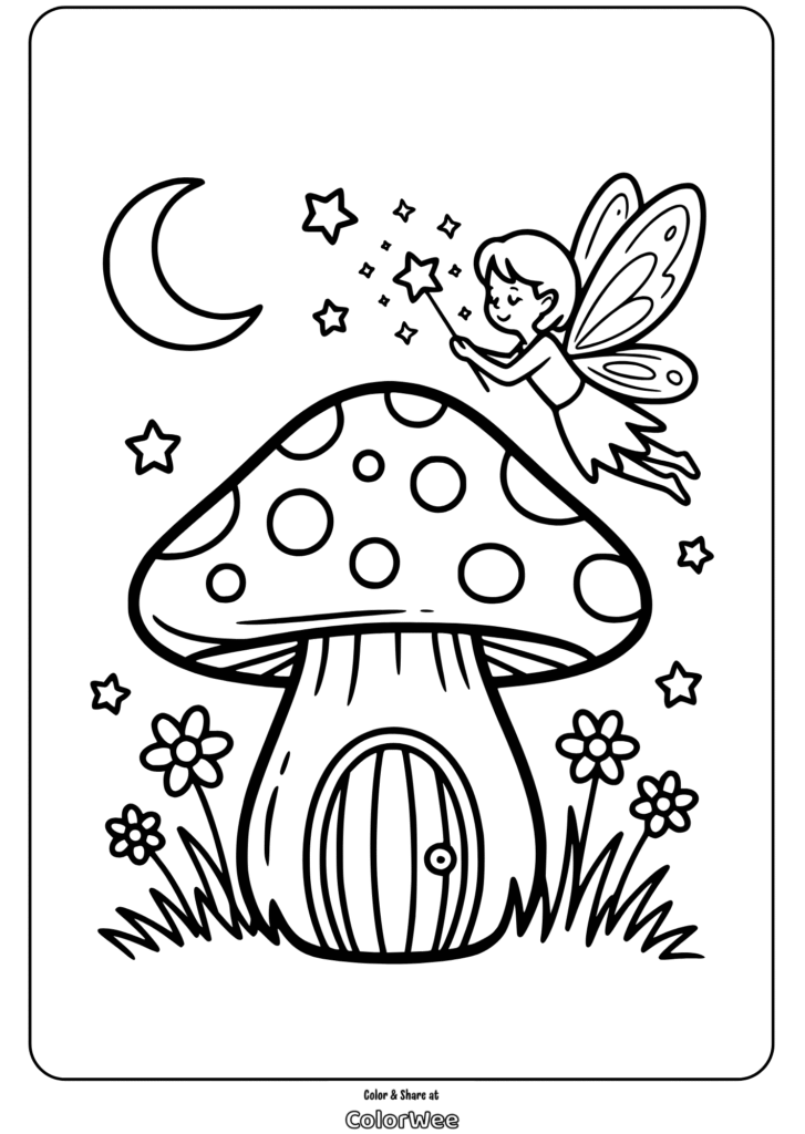 fairy mushroom house under moonlight Fairy flying over mushroom house coloring page.