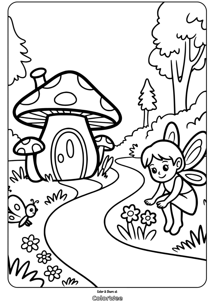 fairy mushroom house with fairy and butterfly Fairy by toadstool house with flowers and ladybug coloring page.