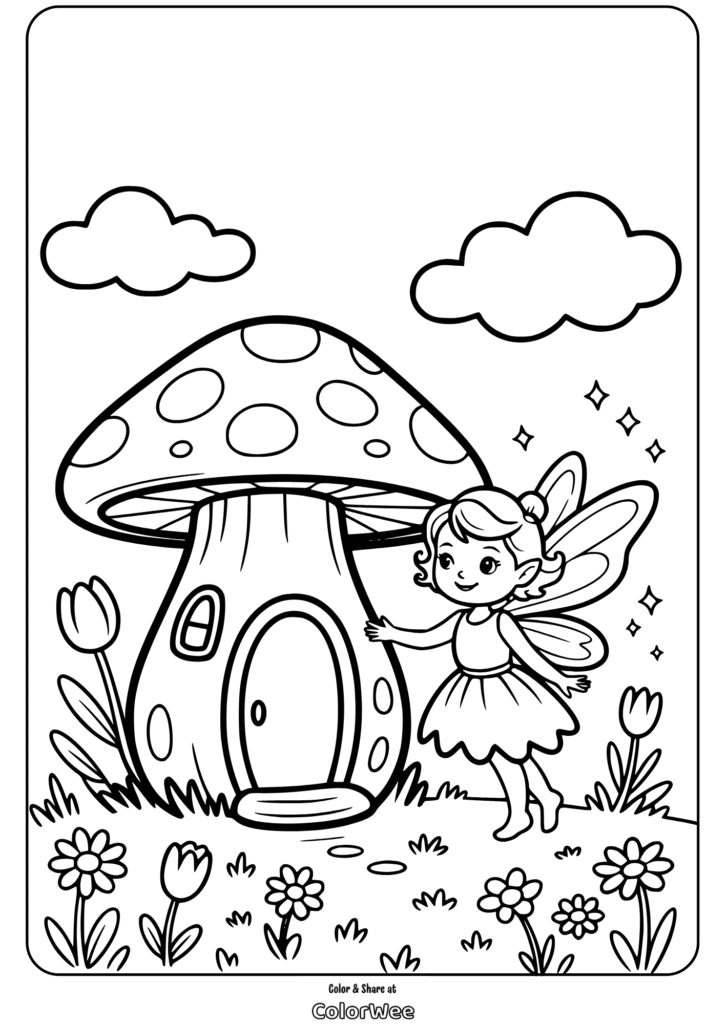 fairy mushroom house with fairy smiling outside Fairy with mushroom house coloring page for kids.