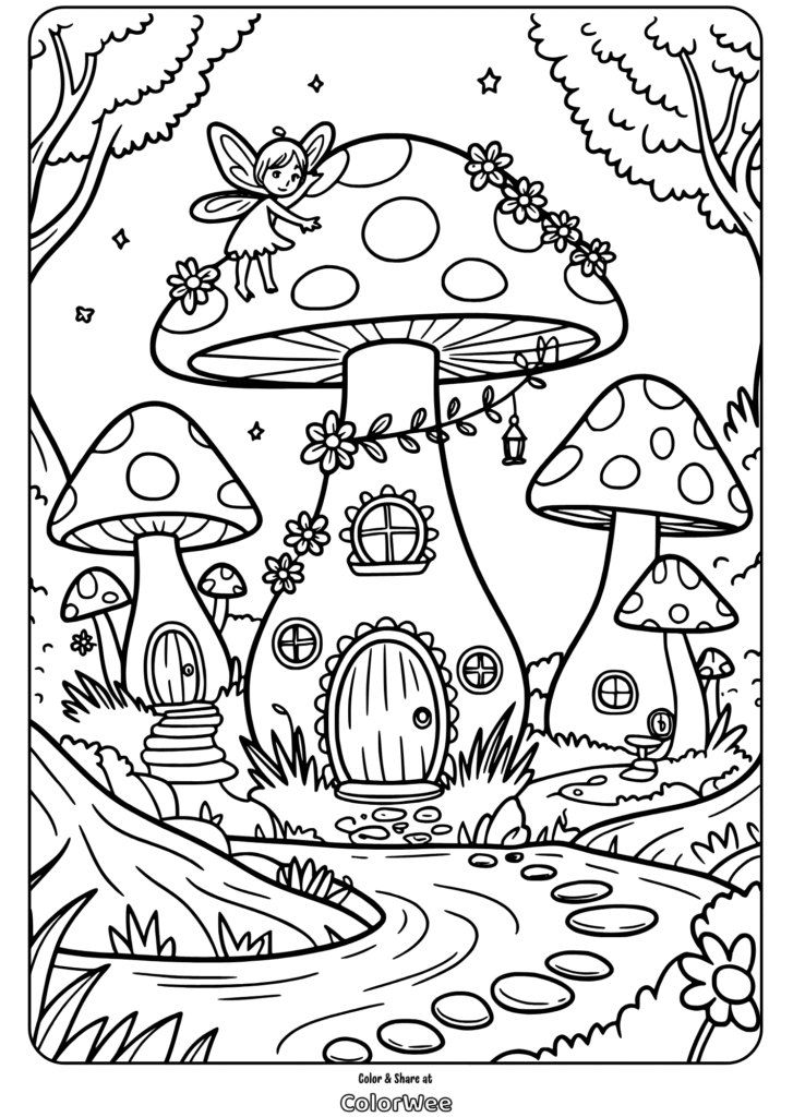 Fairy on mushroom house in whimsical forest coloring page.