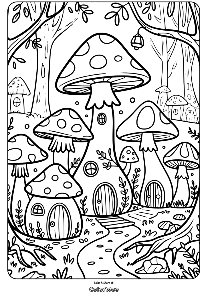 Fairy tale mushroom village for coloring page.