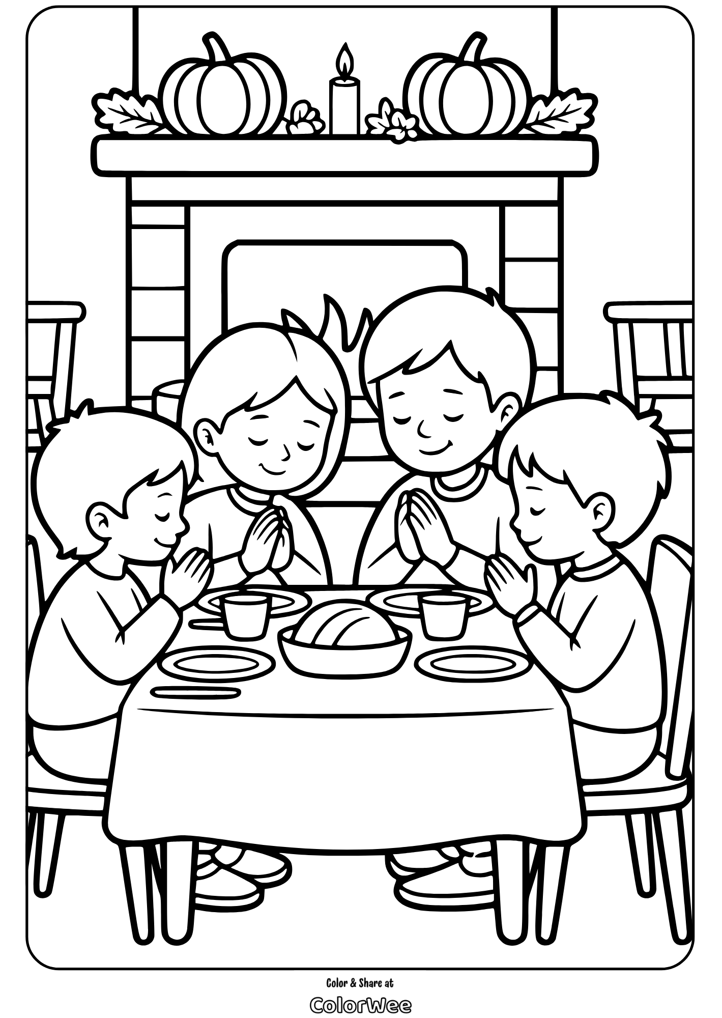 family praying thanksgiving dinner coloring page Thanksgiving kids coloring page: children praying at dinner table