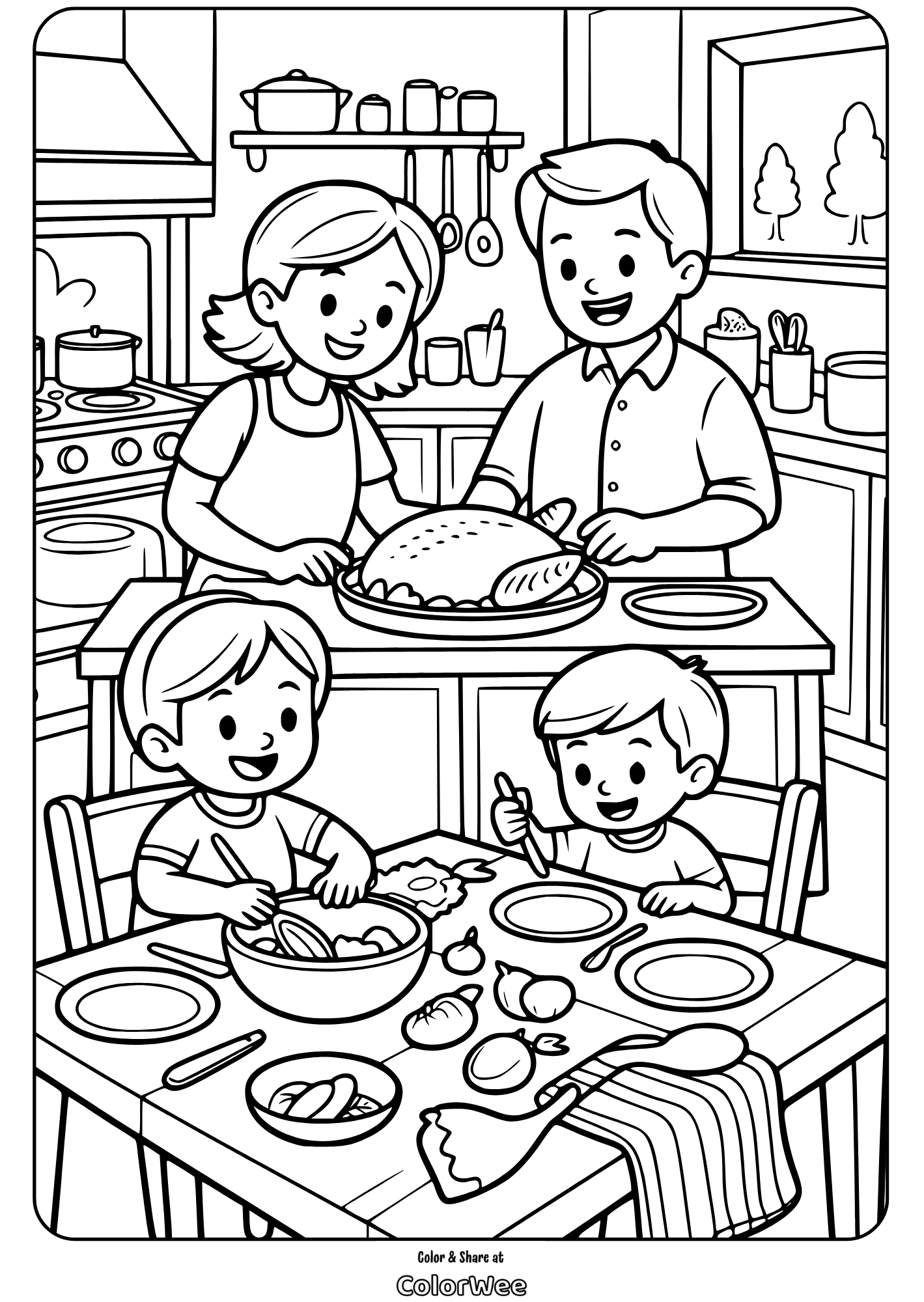 family preparing dinner coloring page Family Thanksgiving dinner coloring page in kitchen scene.