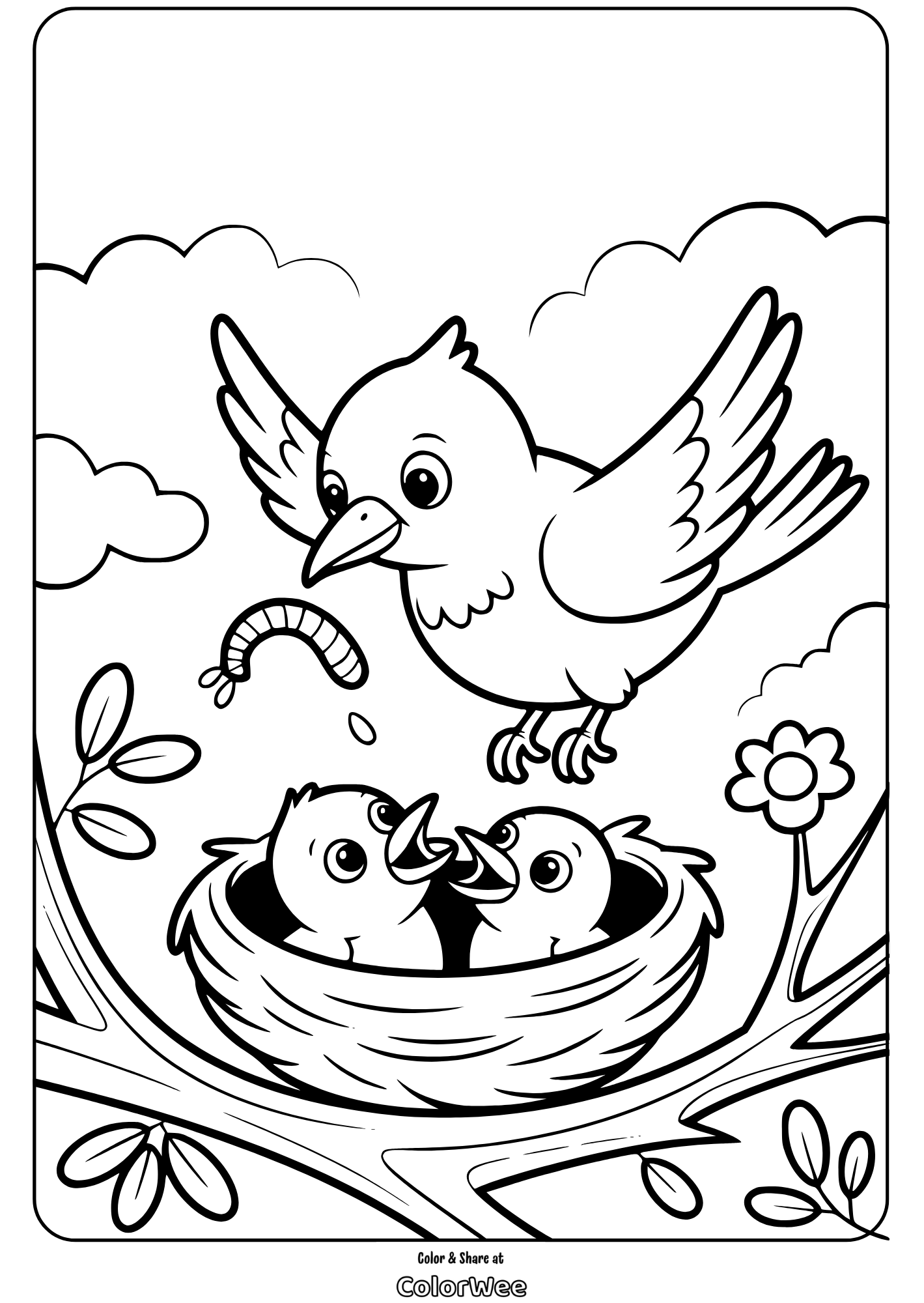 feeding in a bird nest Nest with baby birds and flying bird feeding a worm coloring page.