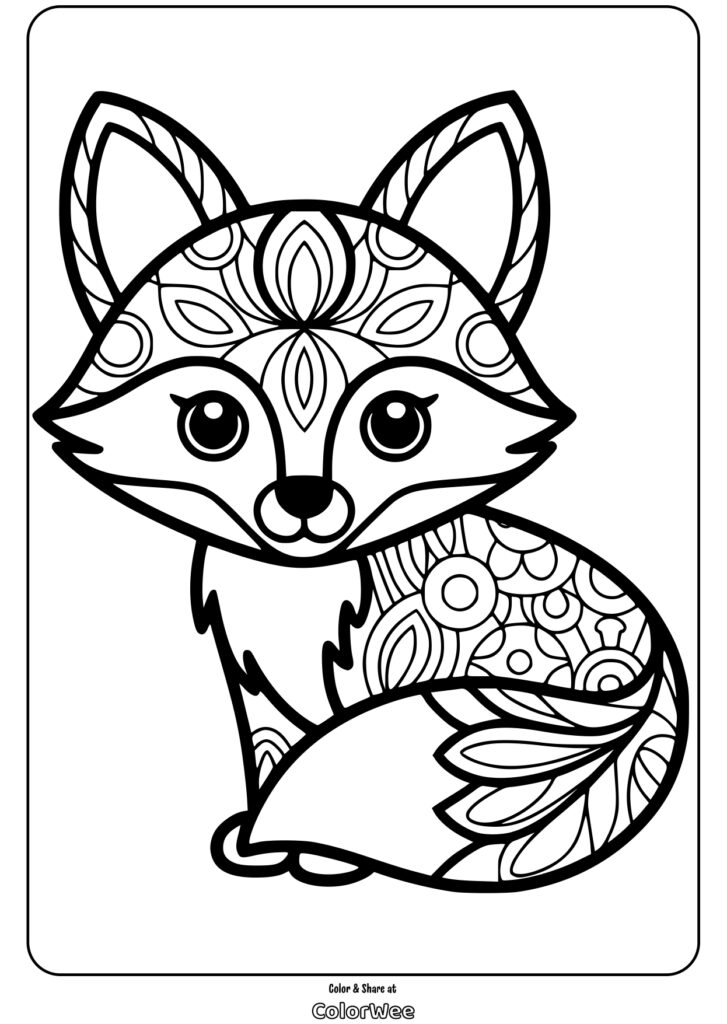 fox forest pattern animal mandala coloring page Coloring page of a decorative fox with intricate patterns.