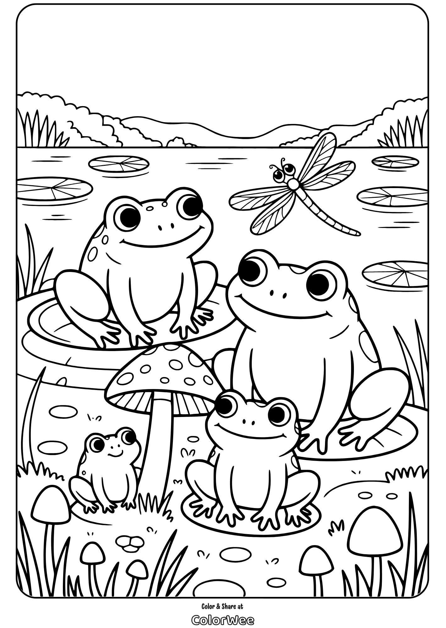 frog family and mushroom by pond Family of frogs and dragonfly by a pond coloring page.