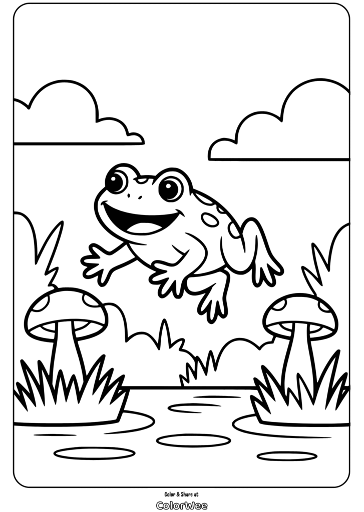 frog jumping between mushrooms Happy frog leaping over mushrooms in a pond coloring page.