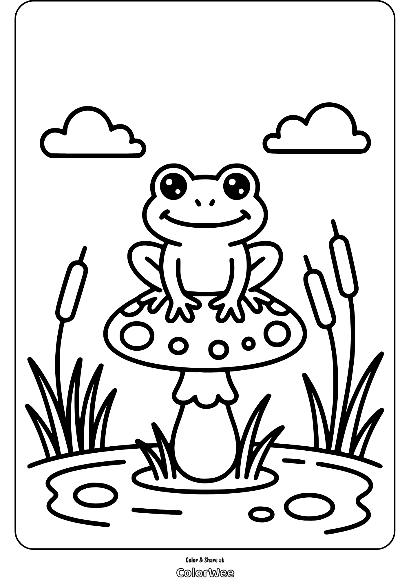 frog sitting on mushroom by pond Cartoon frog on mushroom by pond, coloring page template.