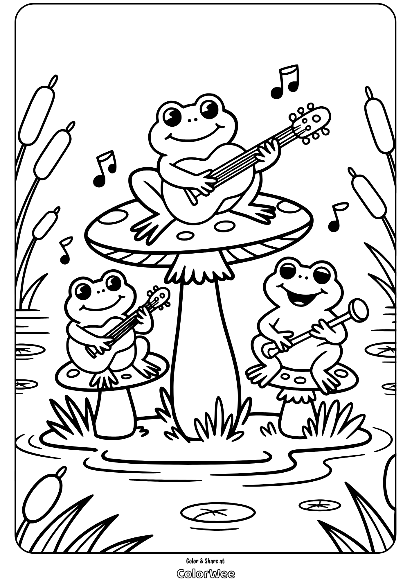 frogs playing music on mushrooms Frogs playing music on mushrooms coloring page