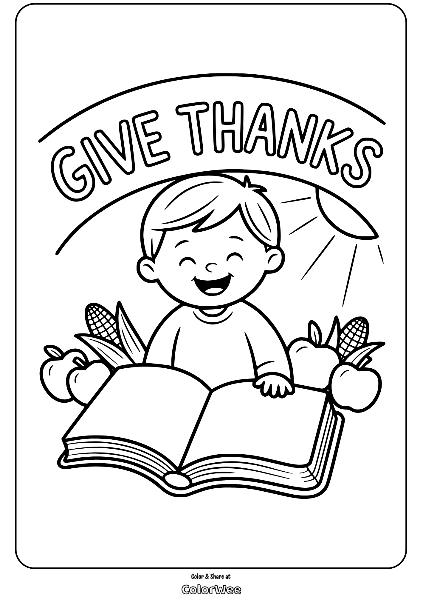 give thanks boy coloring page Coloring page: happy child giving thanks with book and harvest