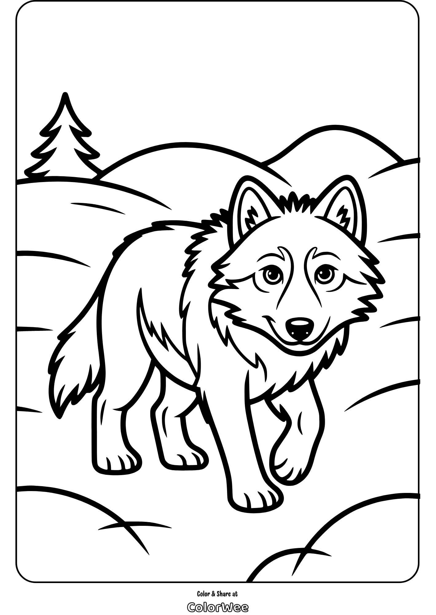 gray wolf in snow coloring page Printable wolf coloring page for kids outdoor nature scene