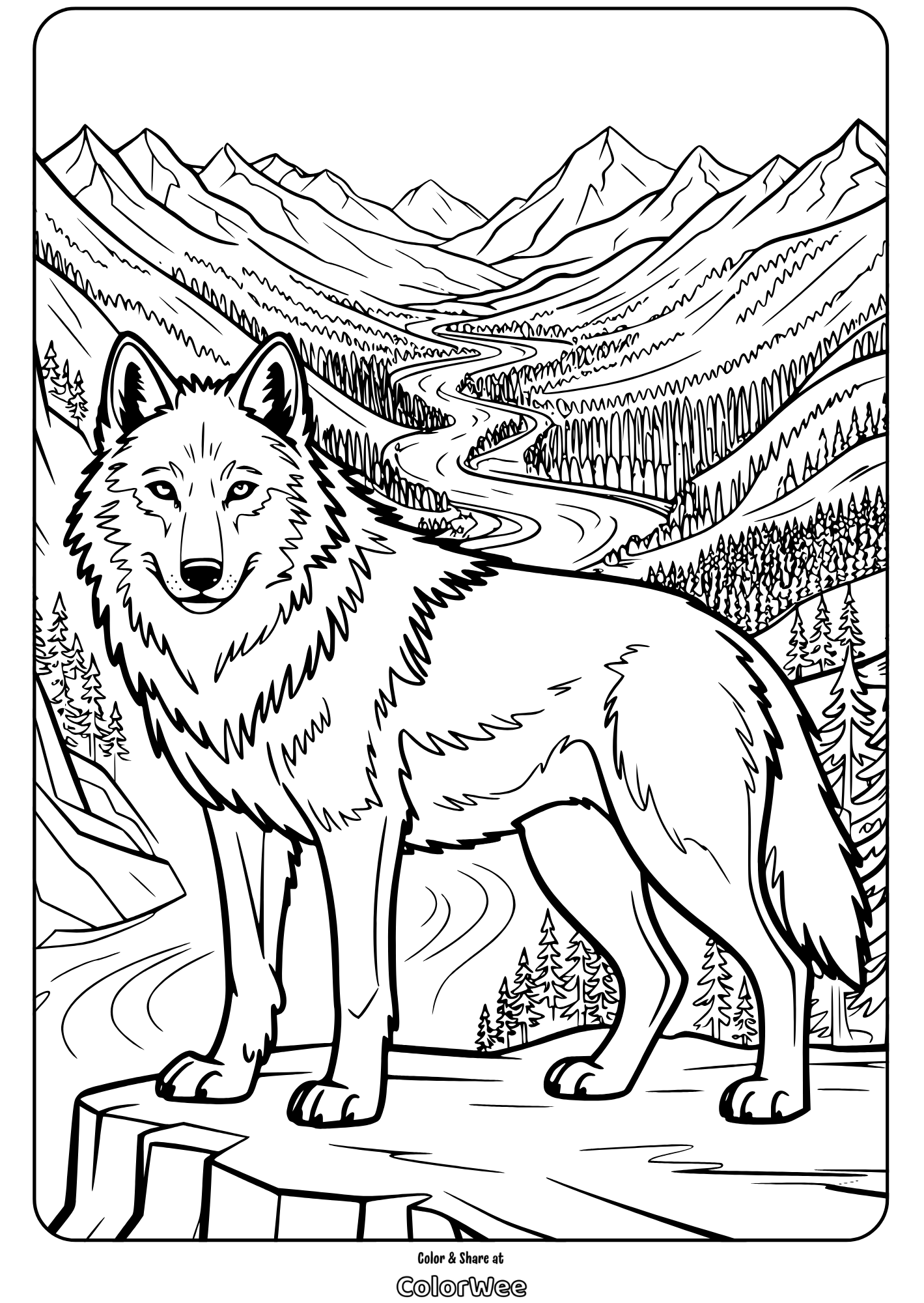 gray wolf on cliff in mountains coloring page Wolf coloring page with mountains and forest background.