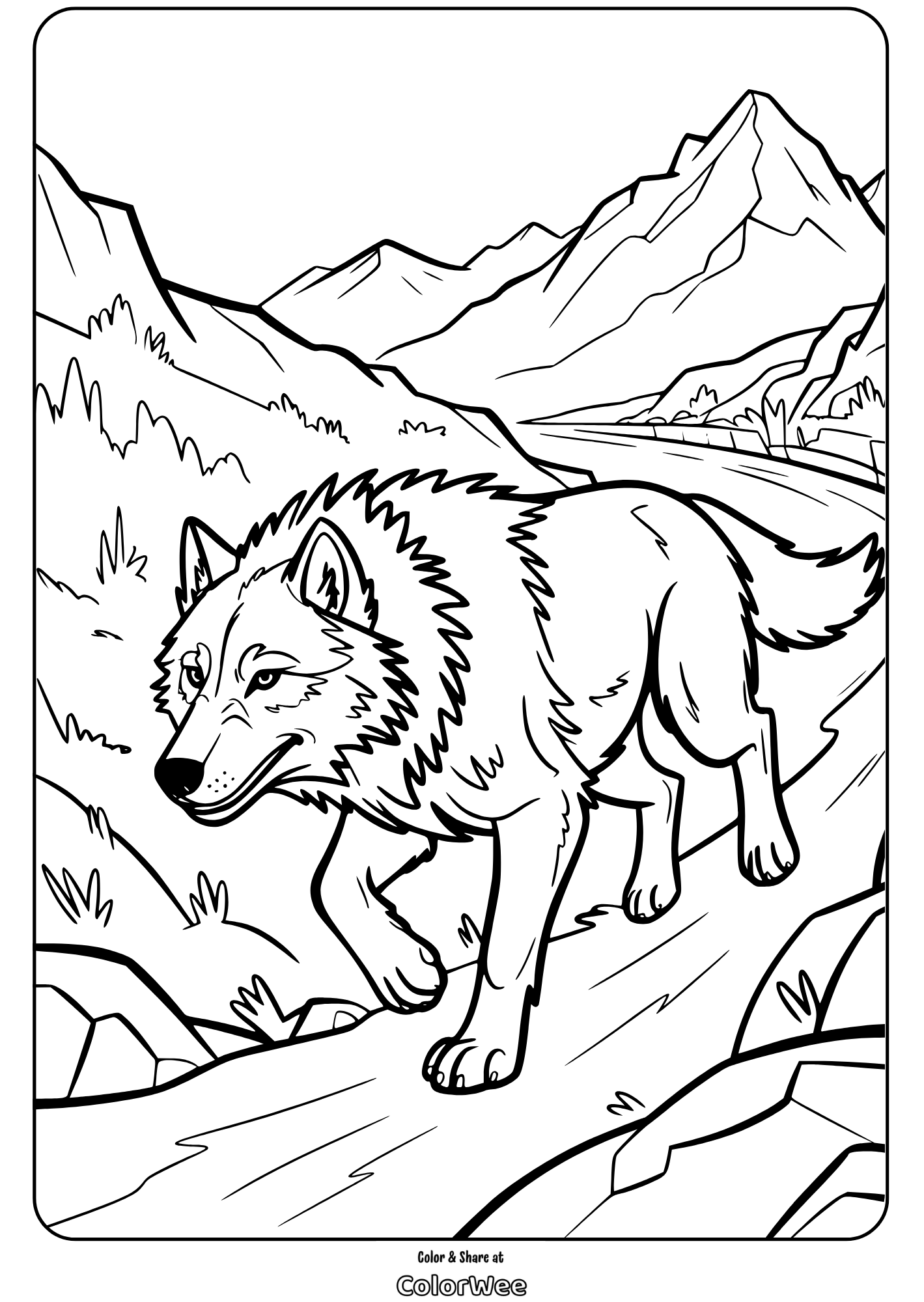 gray wolf walking on mountain path coloring page Wolf coloring page with mountains in the background.