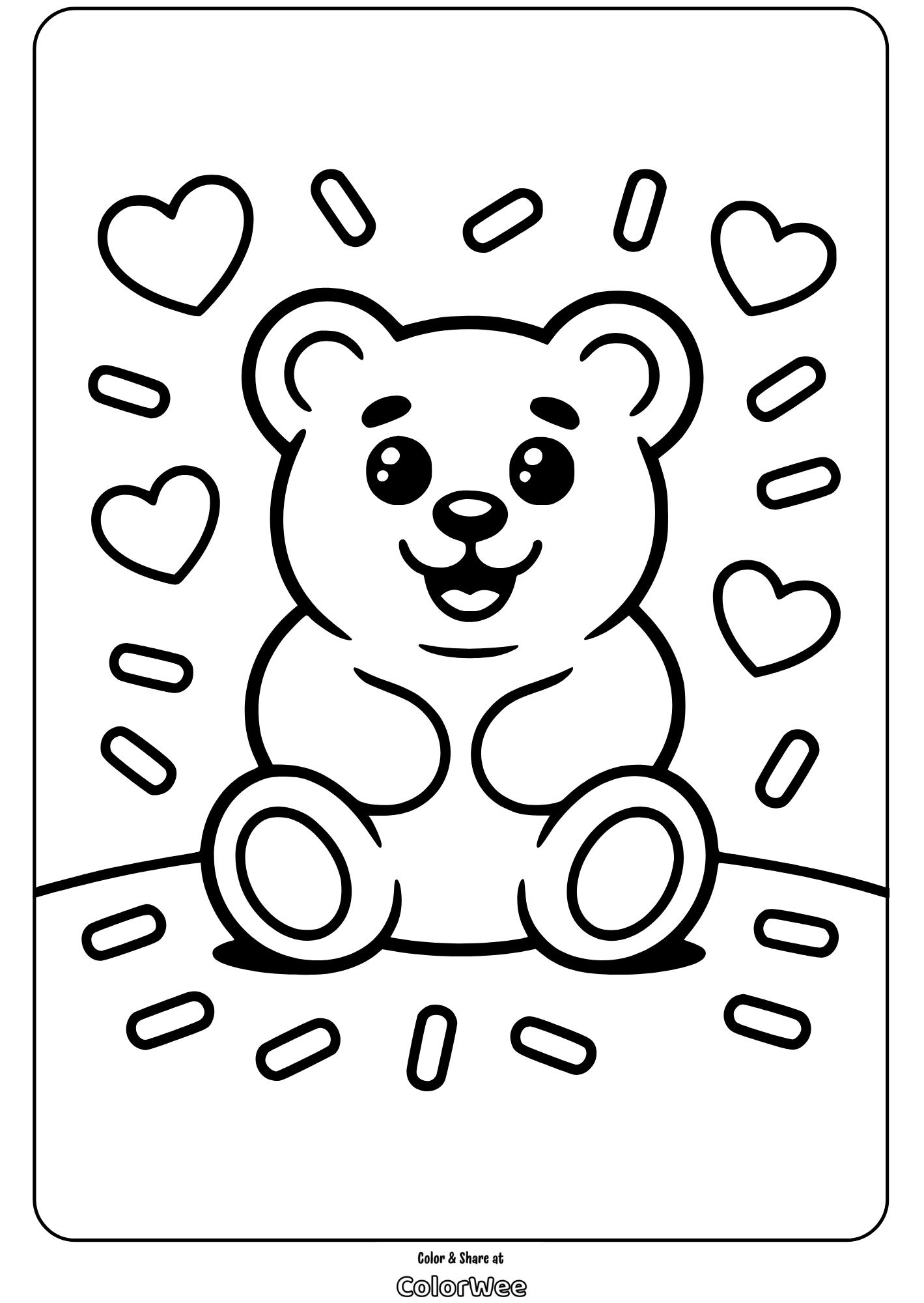 gummy bear with hearts coloring page Cute bear with hearts coloring page for kids.