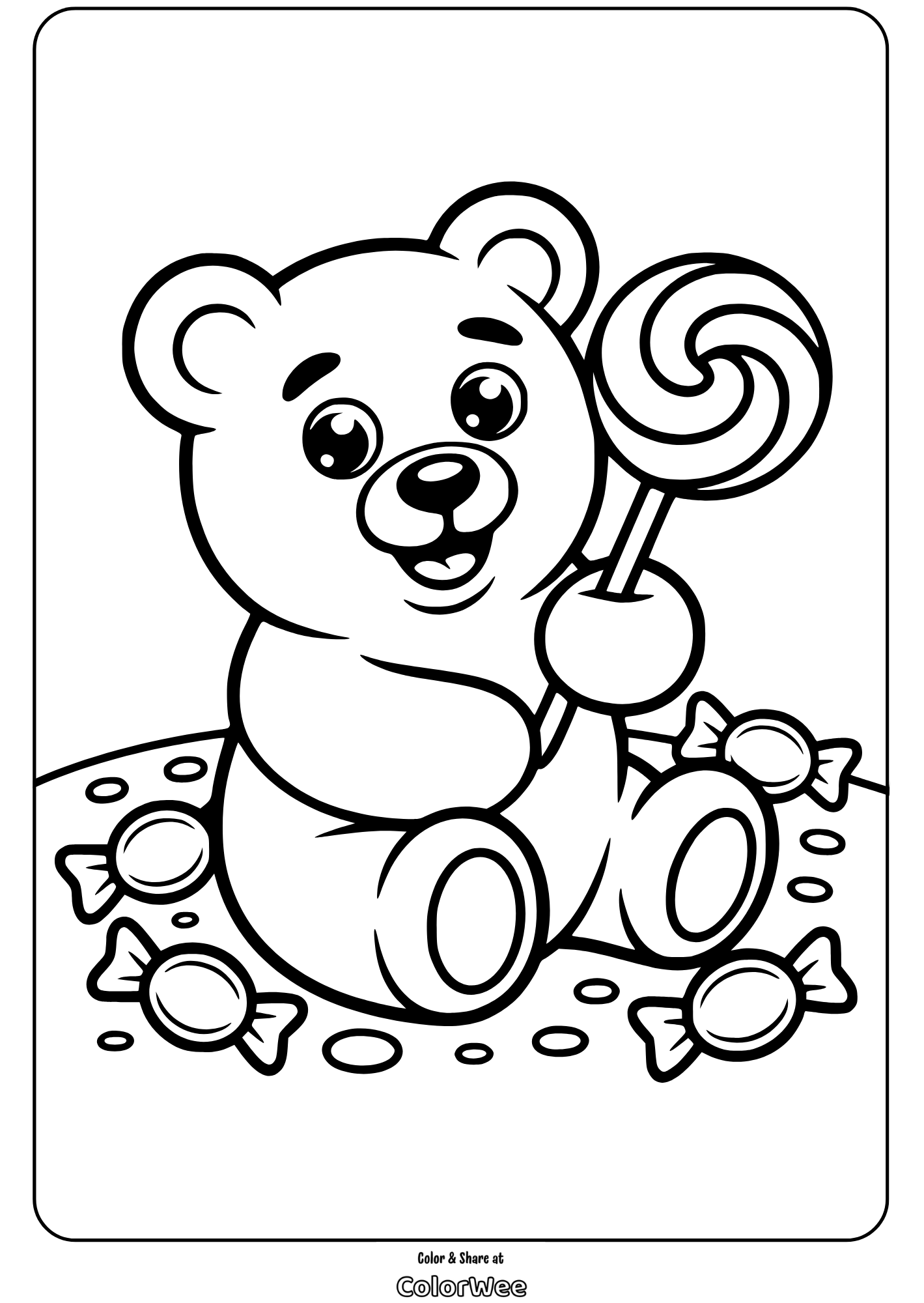 gummy bear with lollipop coloring page Cute teddy bear with a lollipop coloring page.