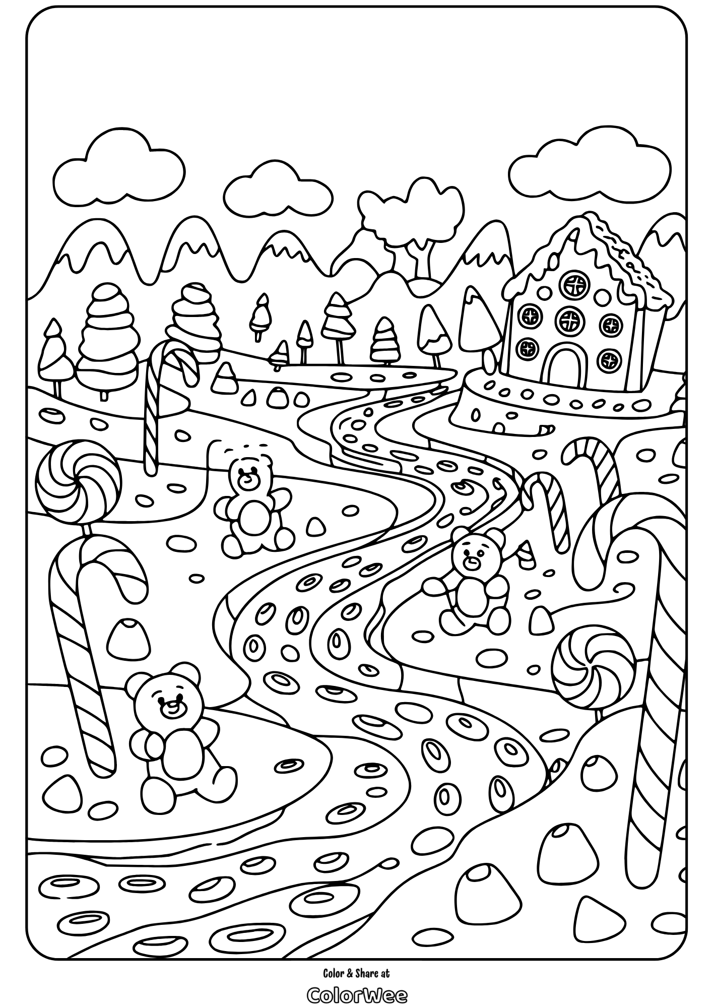 gummy bears candyland coloring page Gingerbread house with candy forest and teddy bears coloring page.