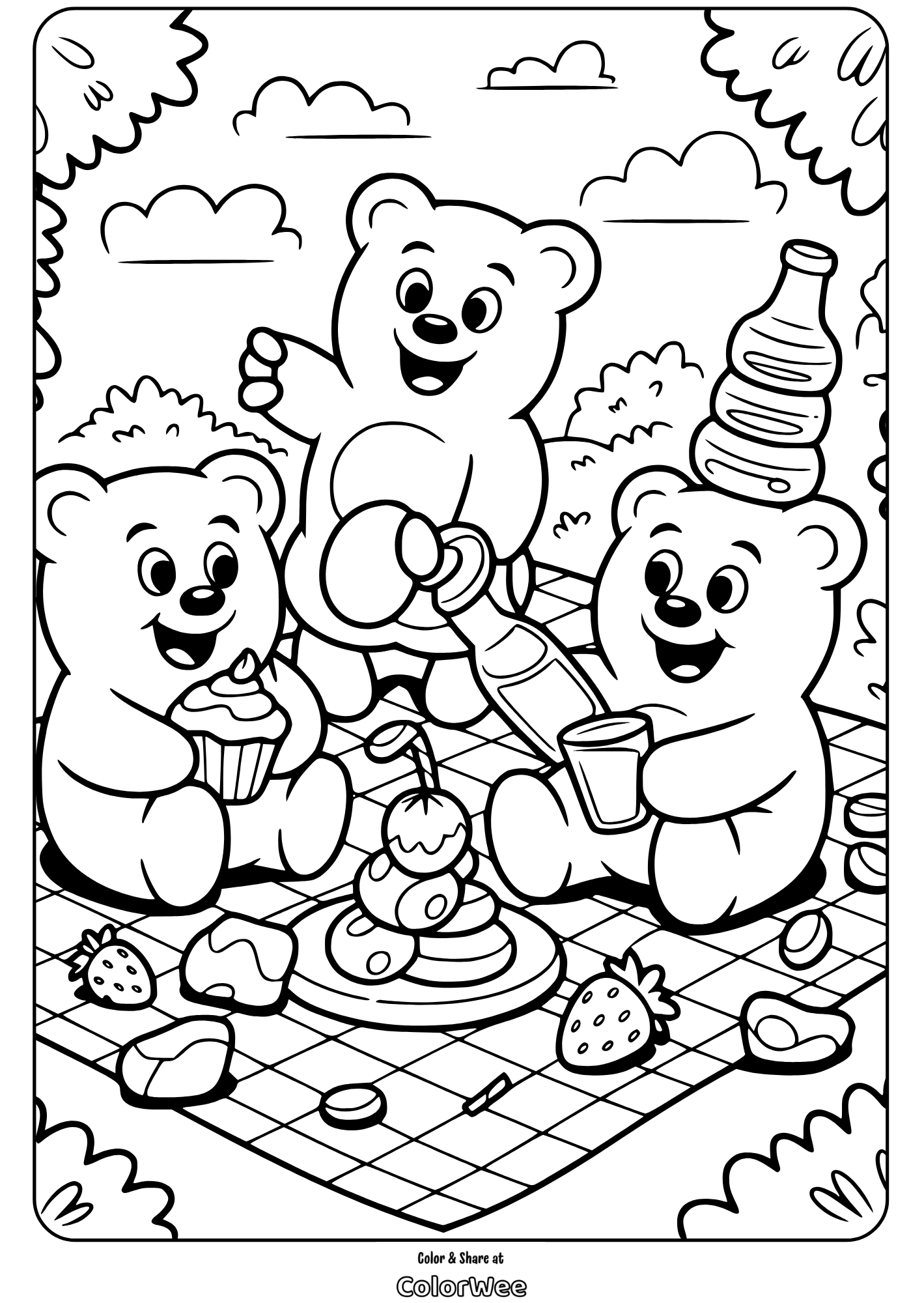 gummy bears picnic coloring page Teddy bears having a picnic with cupcakes and drinks coloring page.