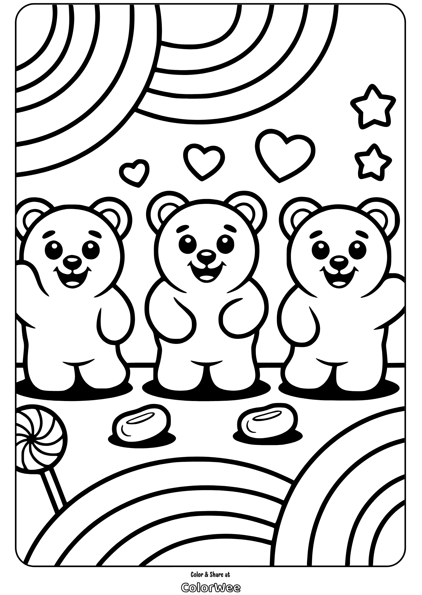 gummy bears with rainbows coloring page Three cute bears with hearts and stars coloring page.