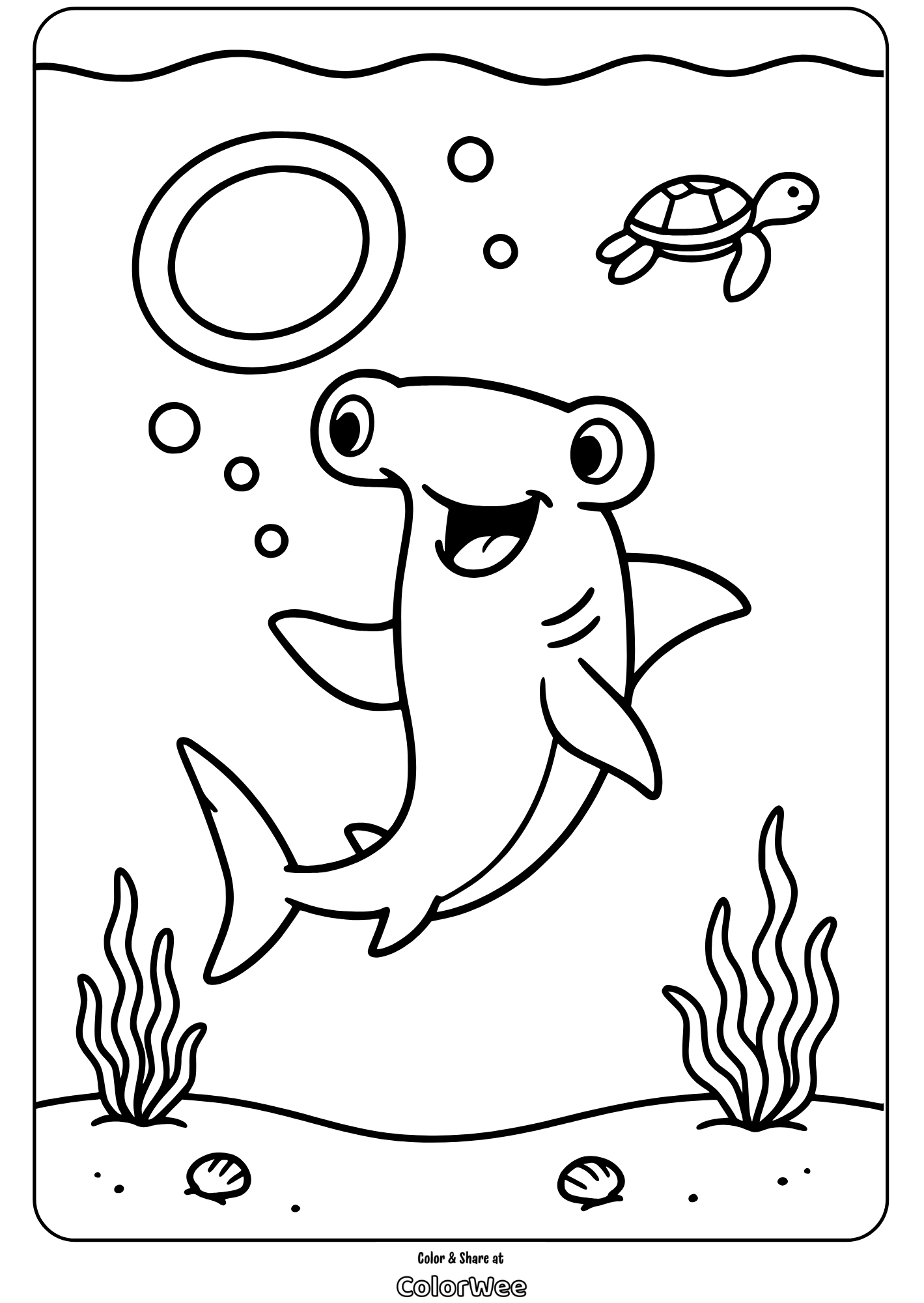 hammerhead shark bubble play coloring page Coloring page of a happy hammerhead shark and turtle underwater.