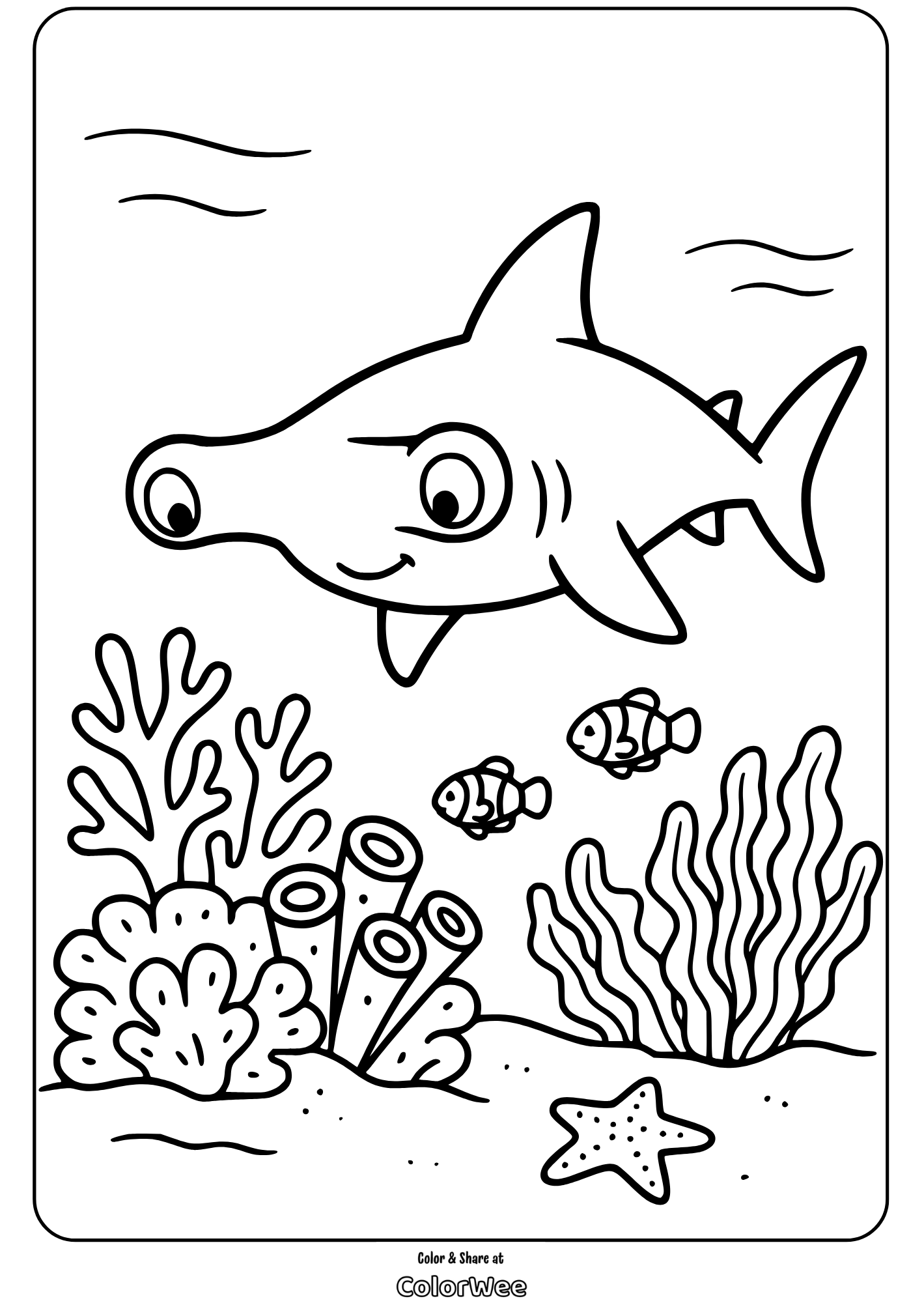 hammerhead shark coral reef coloring page Cartoon shark and fish in coral reef coloring page.