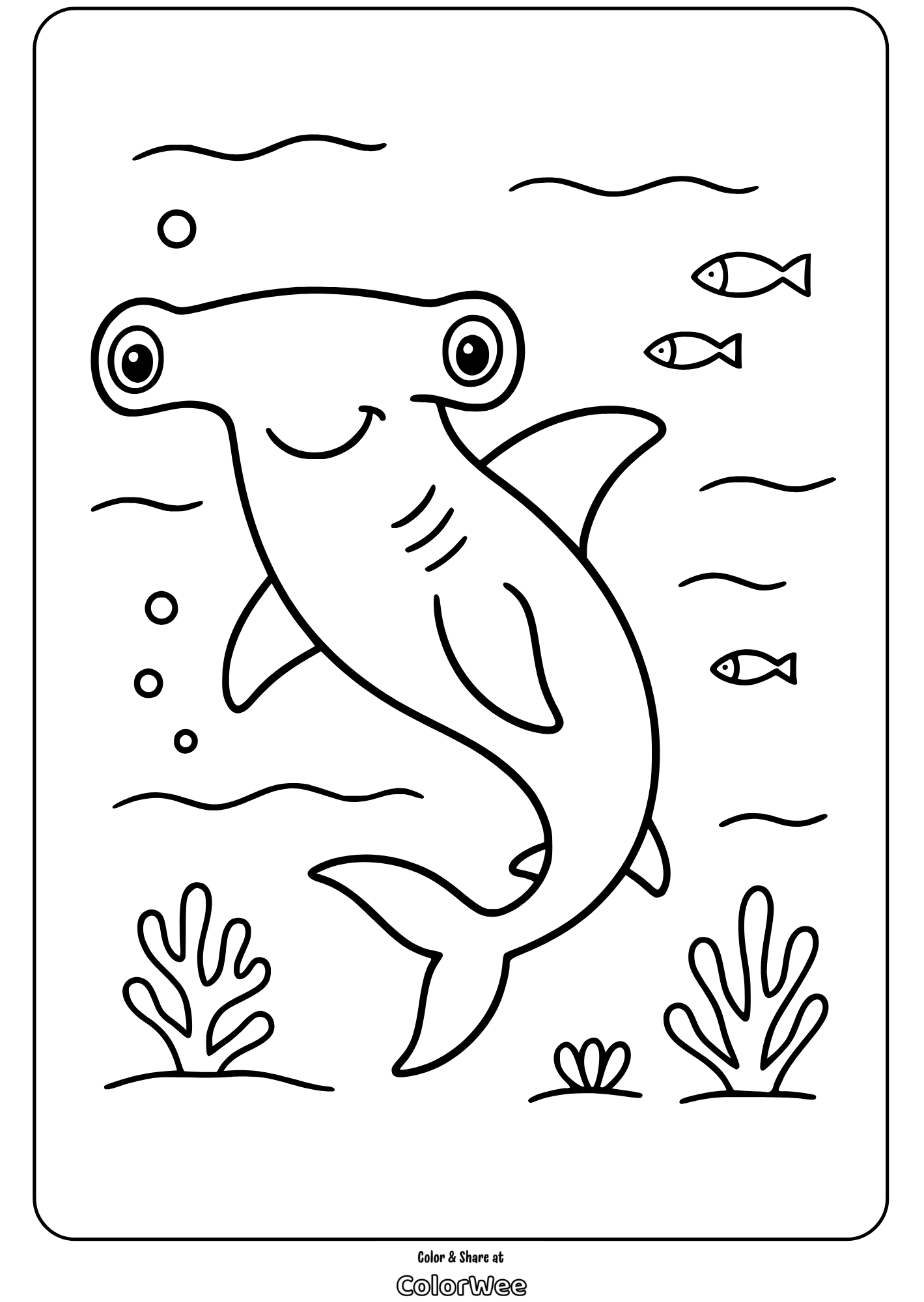 hammerhead shark happy ocean coloring page Happy hammerhead shark coloring page for kids.