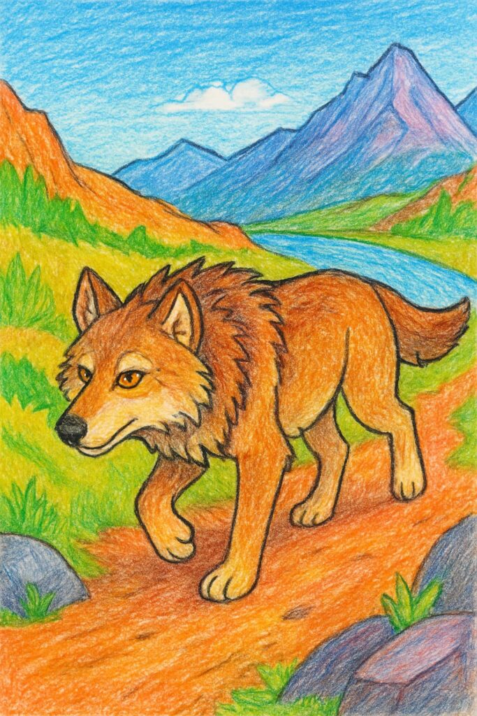 hand colored wolf Wolf coloring page in vibrant nature landscape.