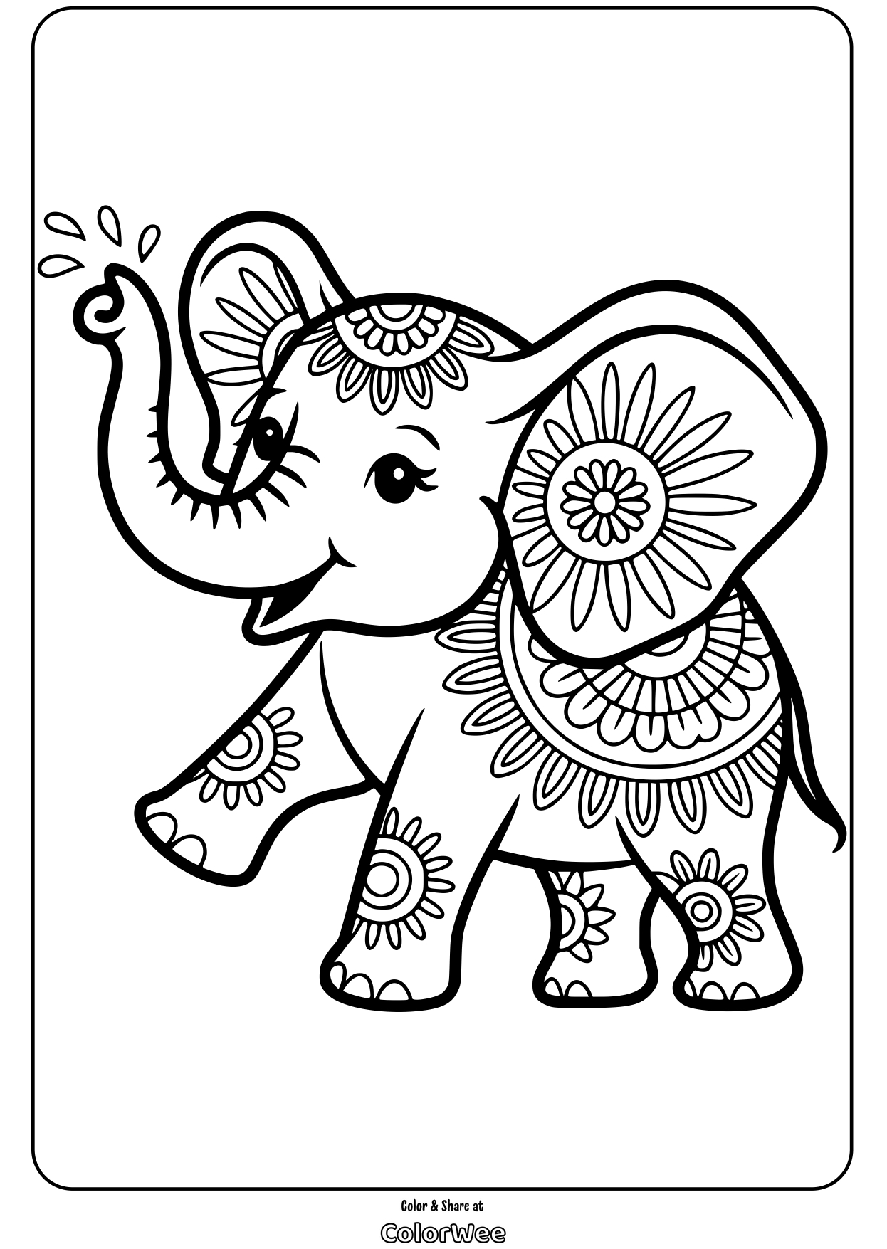 happy elephant with floral pattern mandala coloring page Cute elephant coloring page with intricate mandala designs.