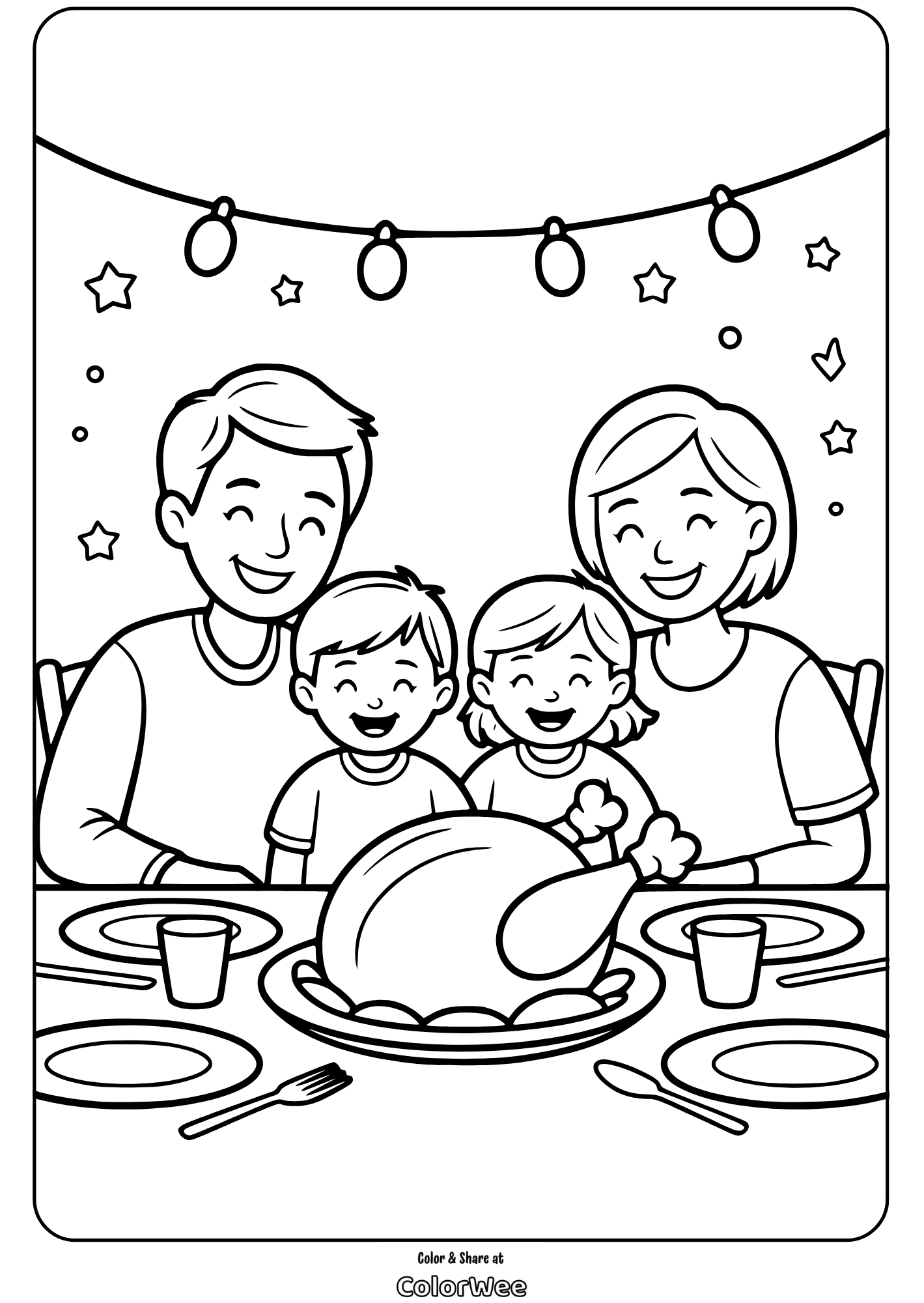 happy family thanksgiving meal coloring page Family Thanksgiving dinner coloring page with turkey and happy faces