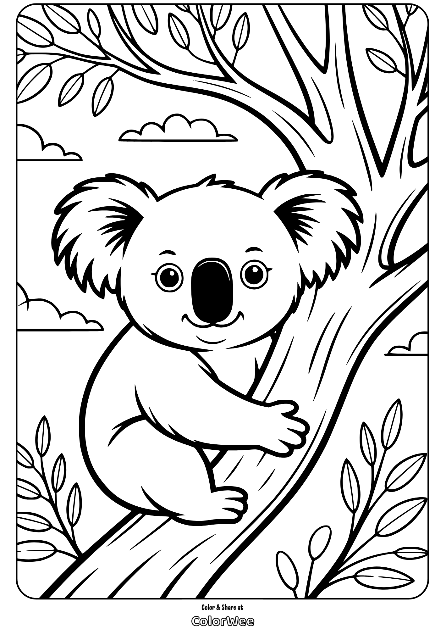 happy koala on tree coloring page Koala coloring page with tree and leaves for kids.