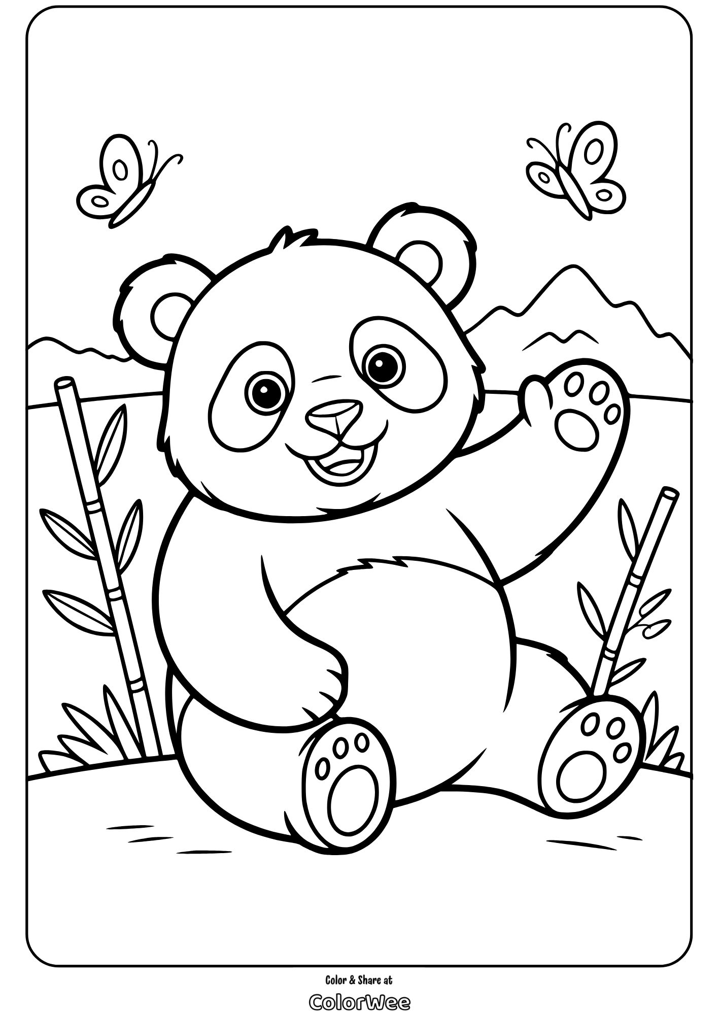 happy panda waving coloring page Panda coloring page with butterflies and bamboo.